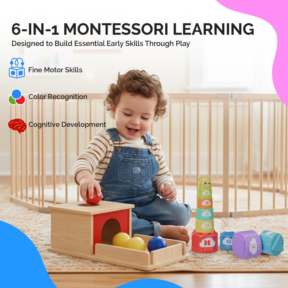 SmileyBubs Montessori Baby Toys 7-9 Months, Developmental Tools for 7+ Month Babies, Baby Sensory Toys - A Sliding Box, Mirror Puzzle, Stacking Cups
