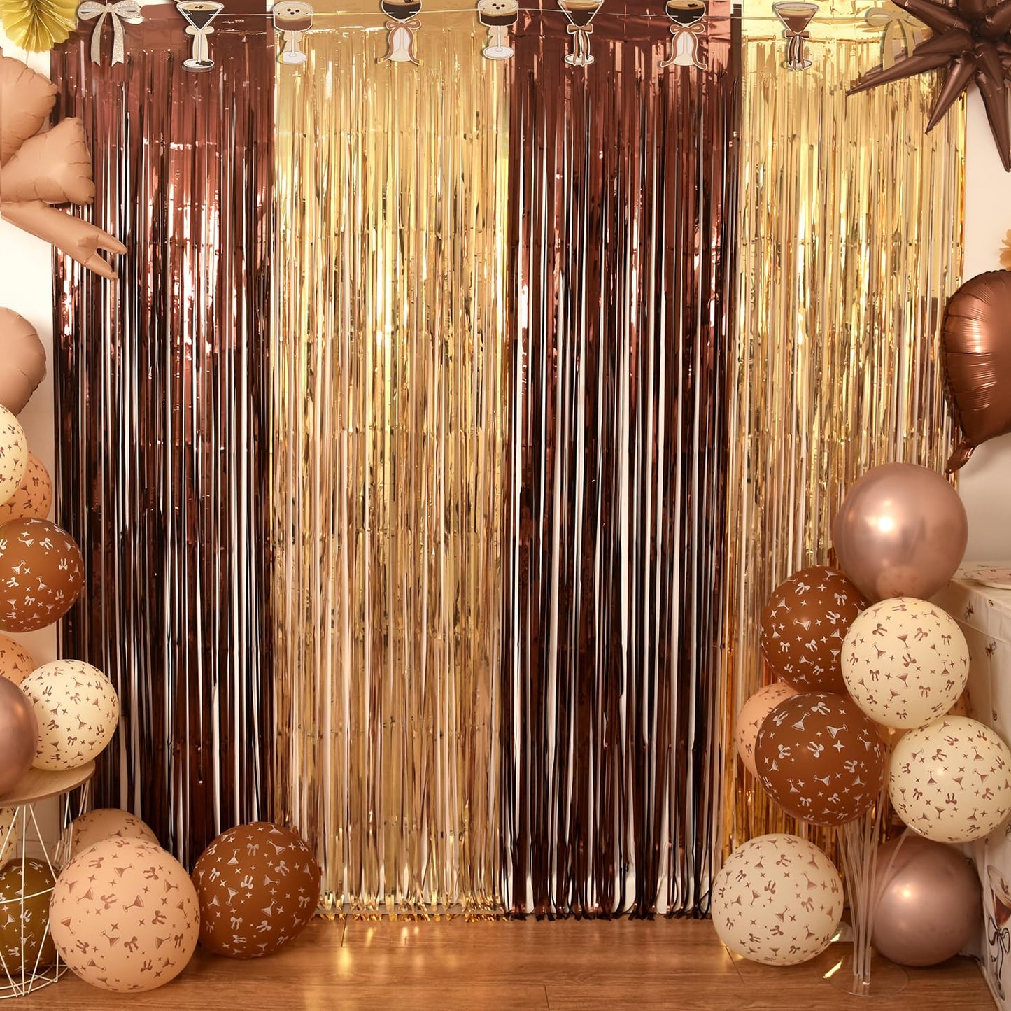 Espresso Martini Decorations, 2 Pack Tini Bit Older Birthday Party Photo Booth Prop, Brown Gold Fringe Curtains Photo Streamers Backdrop for Love Is