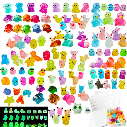 Uignstr 120PCS Luminous Mini Resin Animals Glow in Dark Variety Pack, with Storage Box & 200 Nano Dots, Fairy Garden Micro Landscape Dollhouse Pool