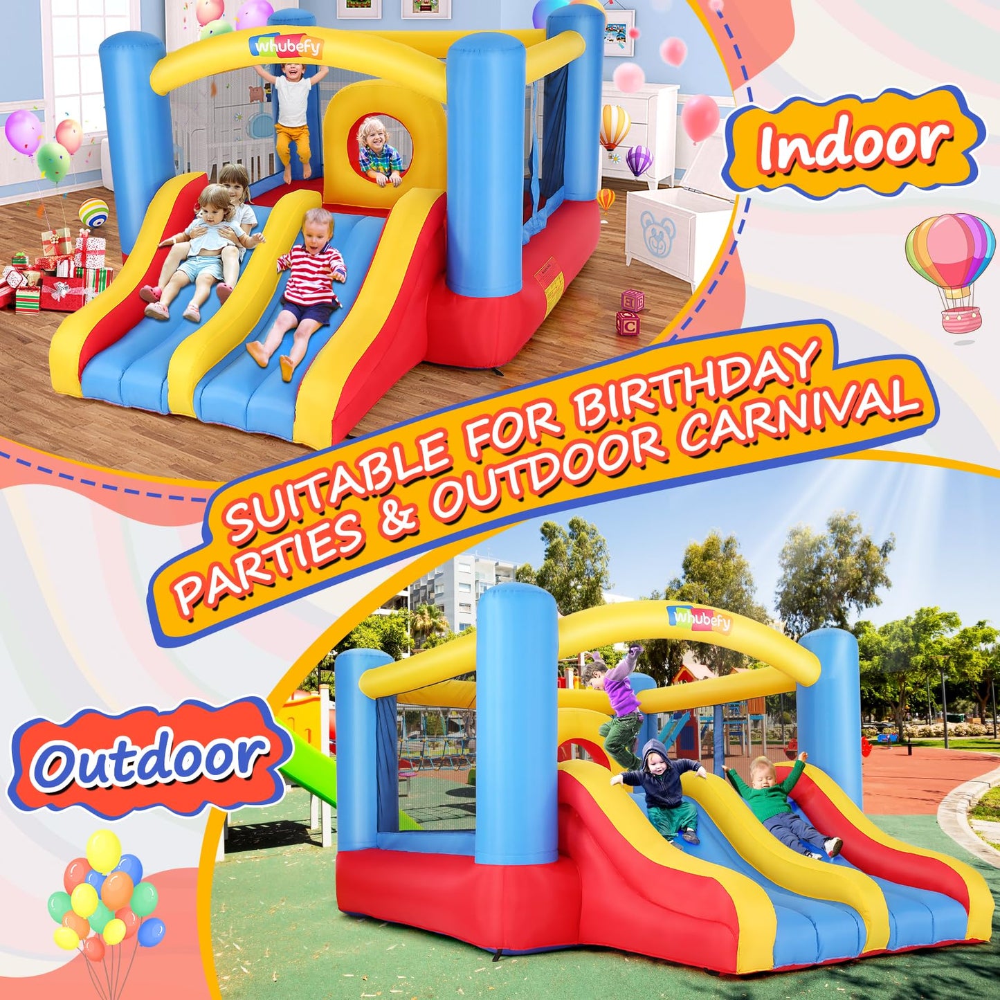 Whubefy Bounce House for Kids 3-6 Big Kids 8-12 w/Double Slide & Obstacle Course, 12 x 9FT Indoor/Outdoor Inflatable Jump 'n Slide with Large Bounce