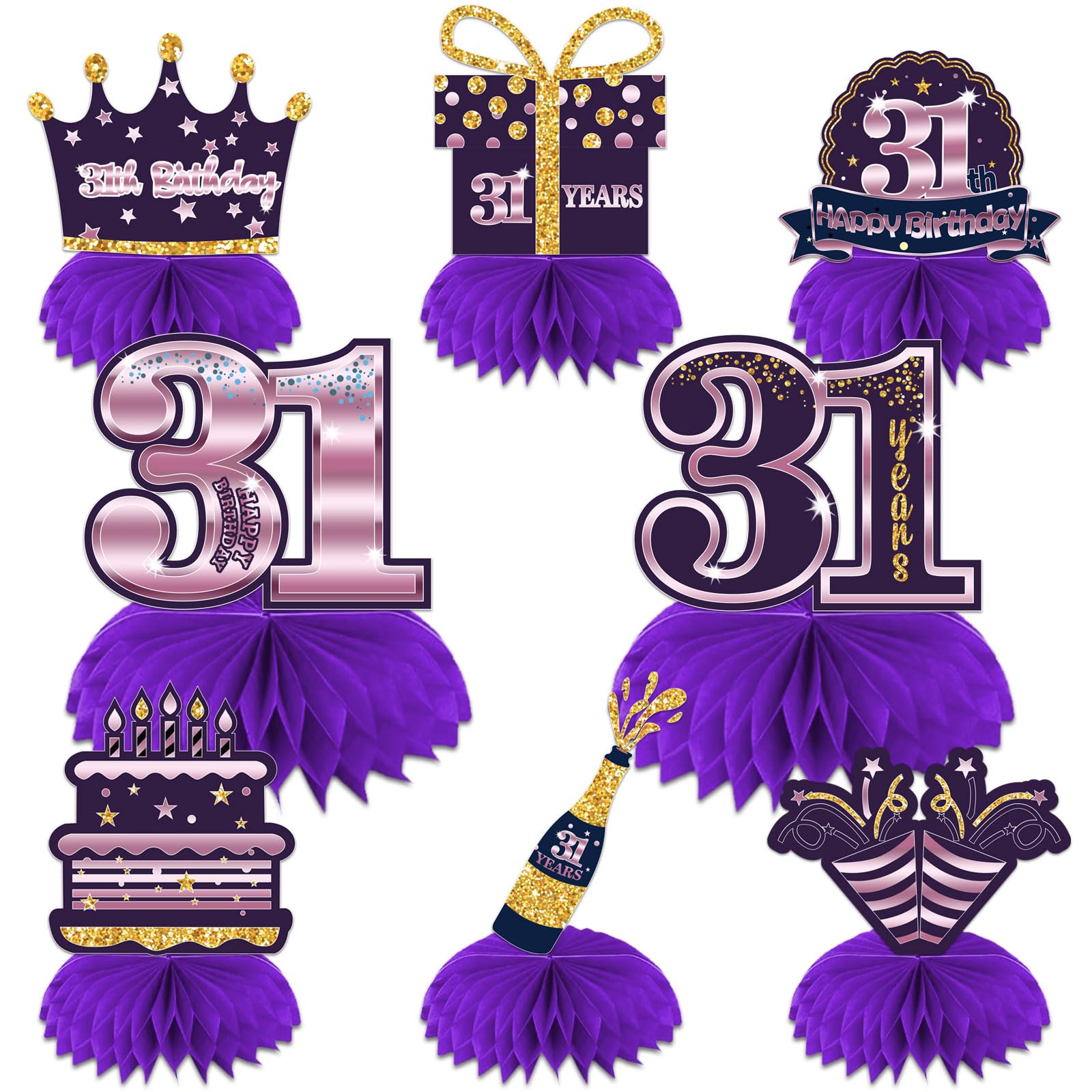Happy 31st Birthday Honeycomb Centerpieces 31st Birthday Decor Purple Golden Table Toppers Cheers to 31 Years Table Decorations for Woman Man