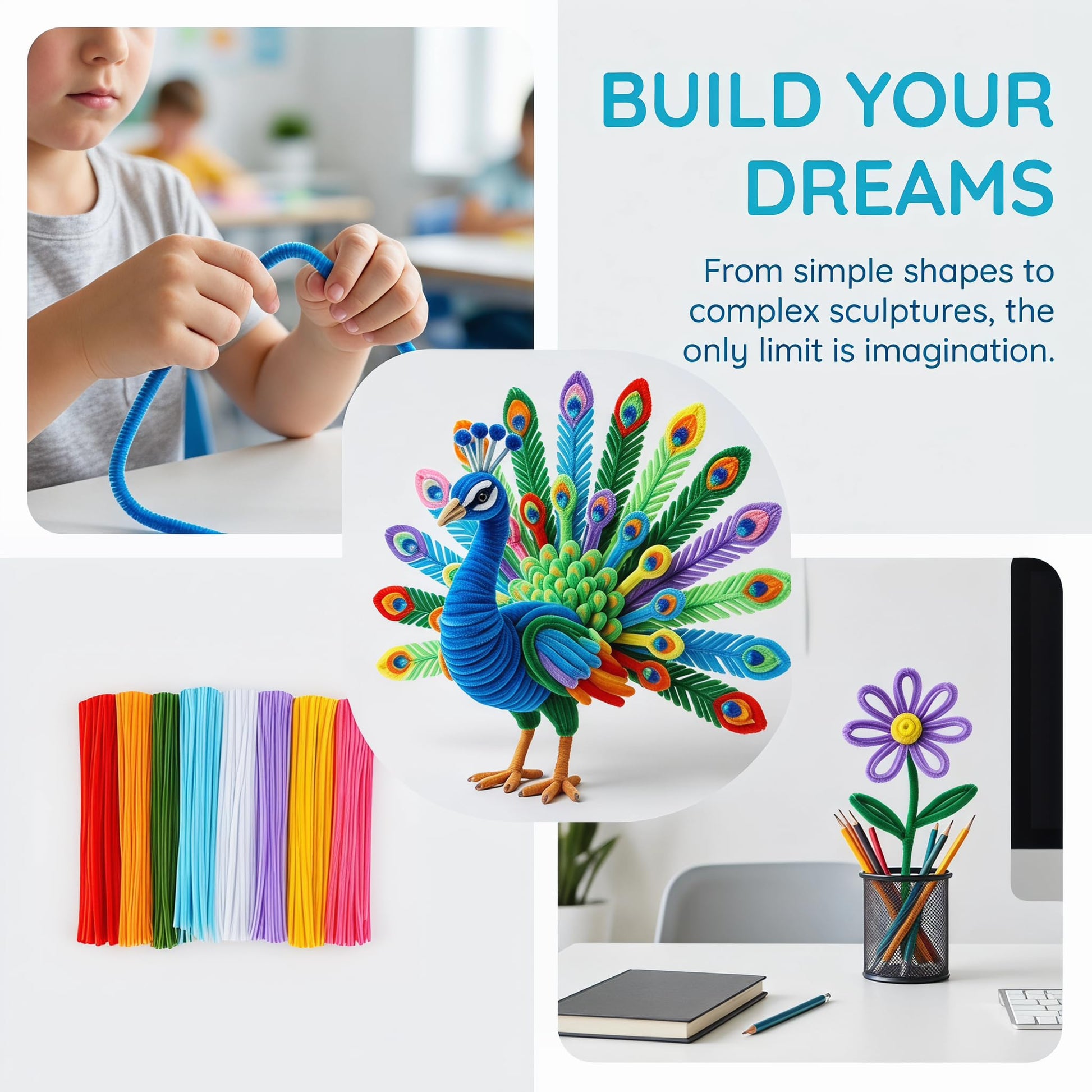 800PCS Pipe Cleaner Flower Kit, 8 Colors Thick Chenille Stems for Arts DIY Craft Supplies with Greeting Card, Floral Wires, Tape, Stamen, Includes