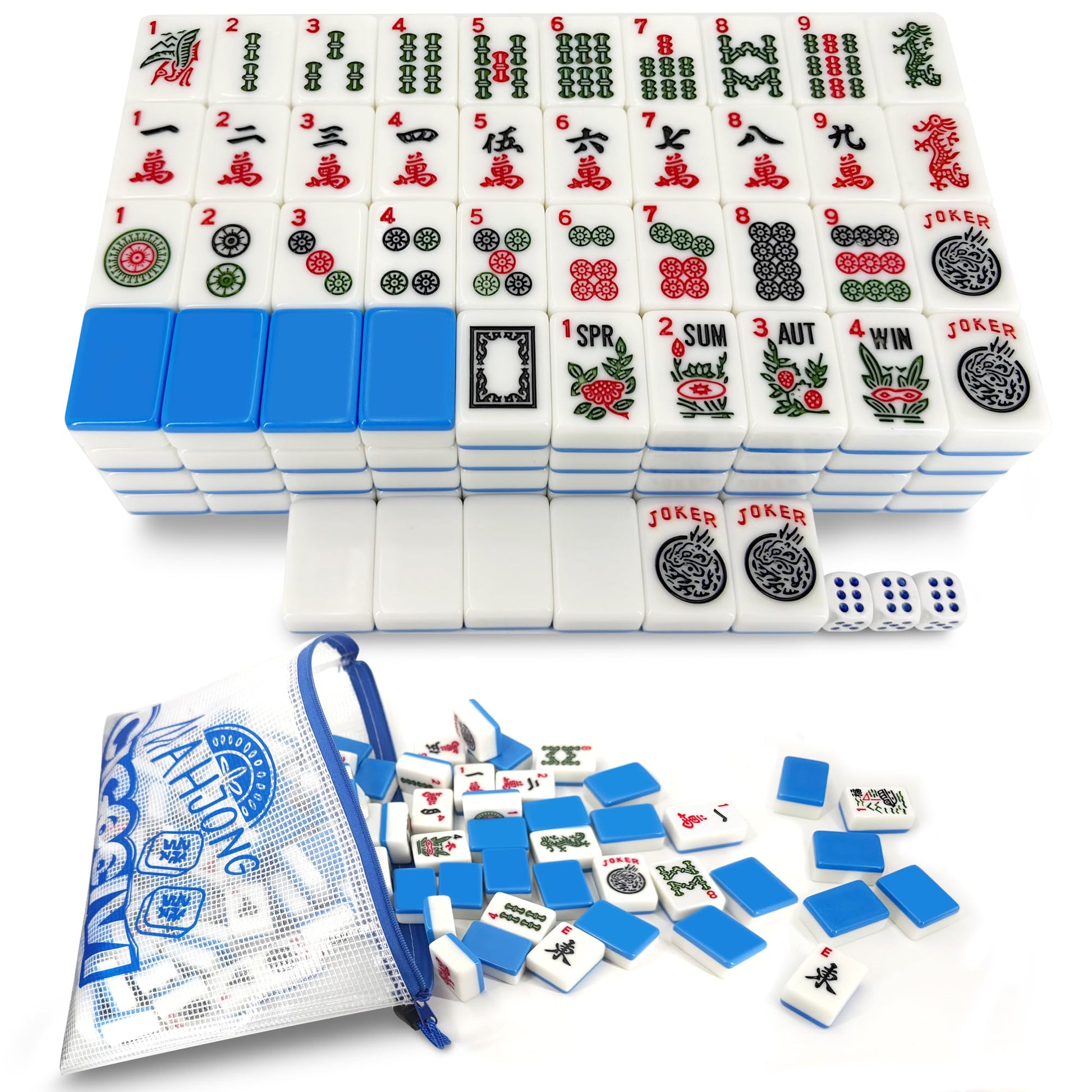 CIGOCIVI 166 American Mahjong Tiles Only with Portable Bag & 3 Dice, 1.2" Mahjong Set for Party, Gift for Friends or Family (Blue)