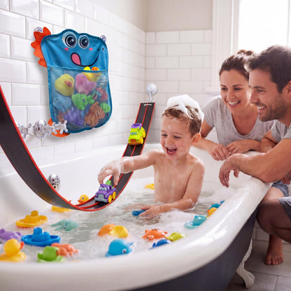 Race Car Bath Toy Set for Toddlers 3+ - 1.5m Flexible Bathtub Track with 2 Ways to Mount, Includes 2 Waterproof Cars + Blue Dinosaur Mesh Storage Bag