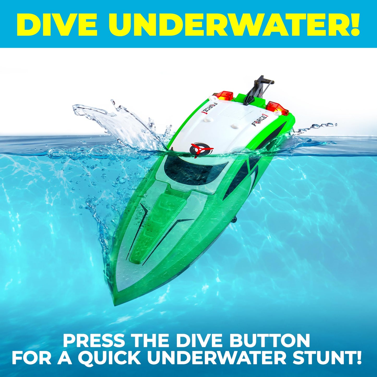 Force1 Velocity Green Fast RC Boat- Remote Control Boats for Adults and Kids, Underwater Speed Racing Mini RC Toy for Pools and Lakes, 2.4GHZ