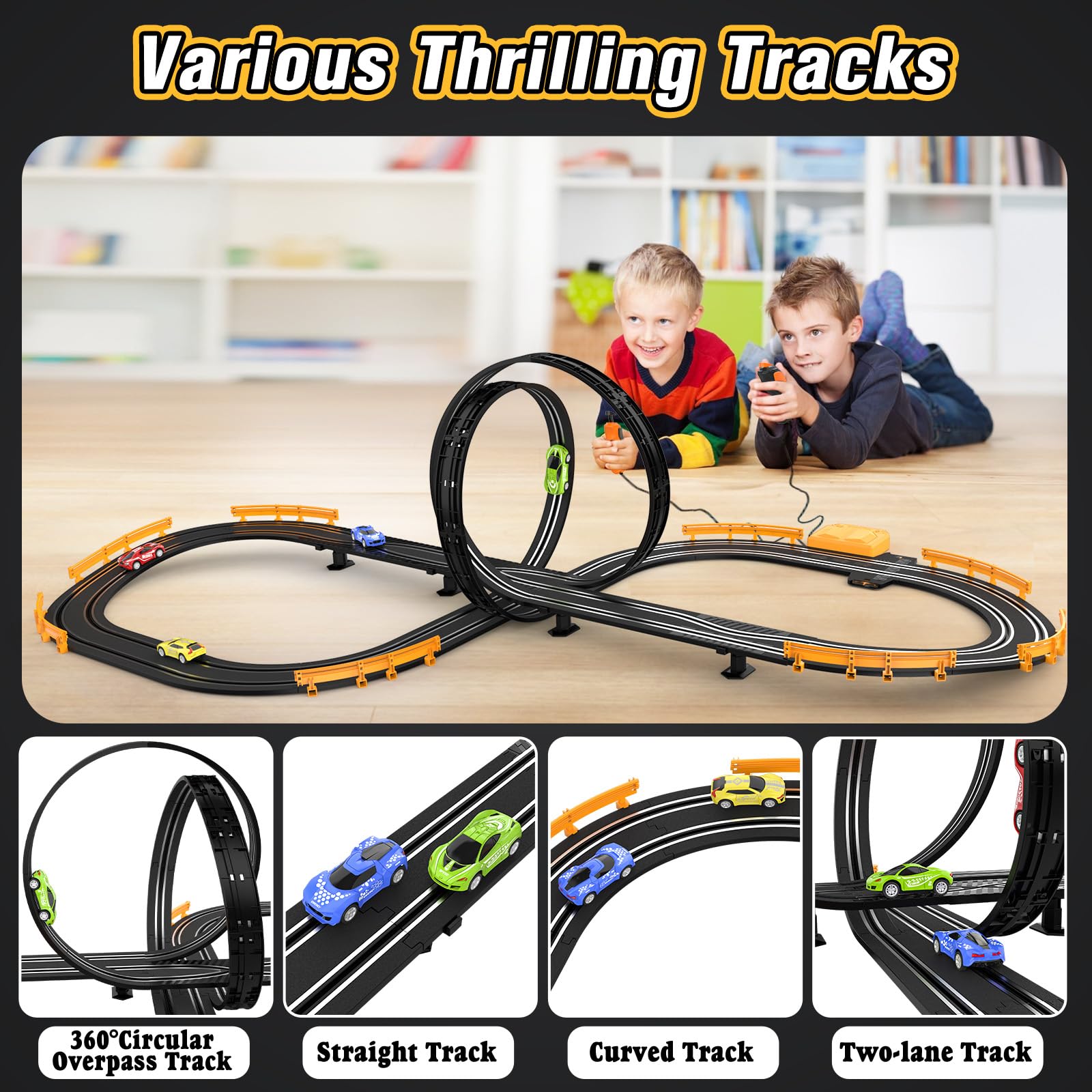 Slot-Car-Race-Track-Sets for Boys Kids, Battery or Electric Race Car Track with 4 High-Speed Slot Cars, Dual Racing Game 2 Hand Controllers Circular
