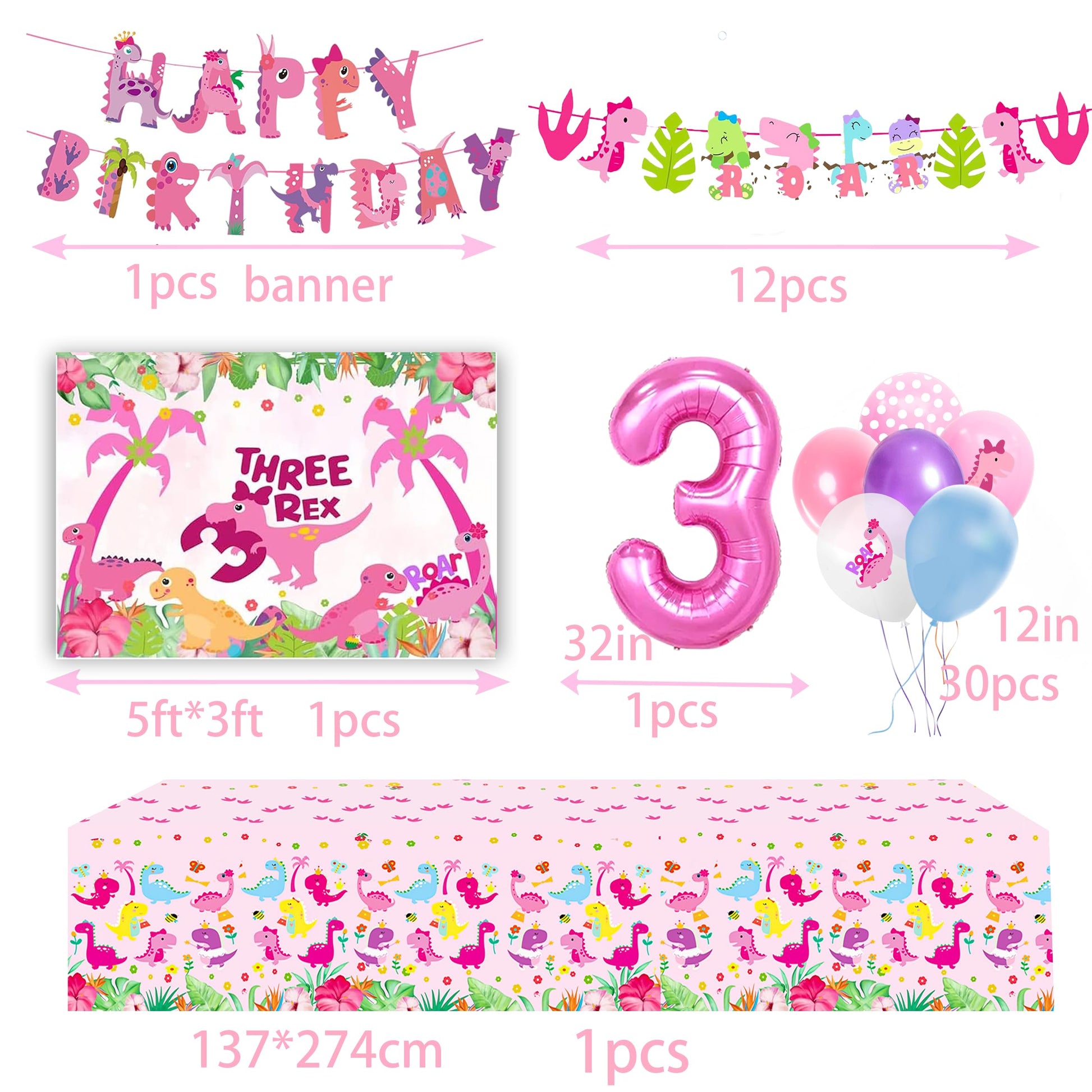 Pink Three Dino Rex Birthday Party Decorations Dinosaur 3rd Birthday Décorations Three inspired Rex Birthday Party Supplies include balloon backdrop