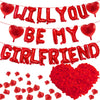 16 Inches Red 'WILL YOU BE MY GIRLFRIEND' Proposal Letter Balloons with Heart-Shaped Foil Balloons and Rose Petals for Romantic Special Night