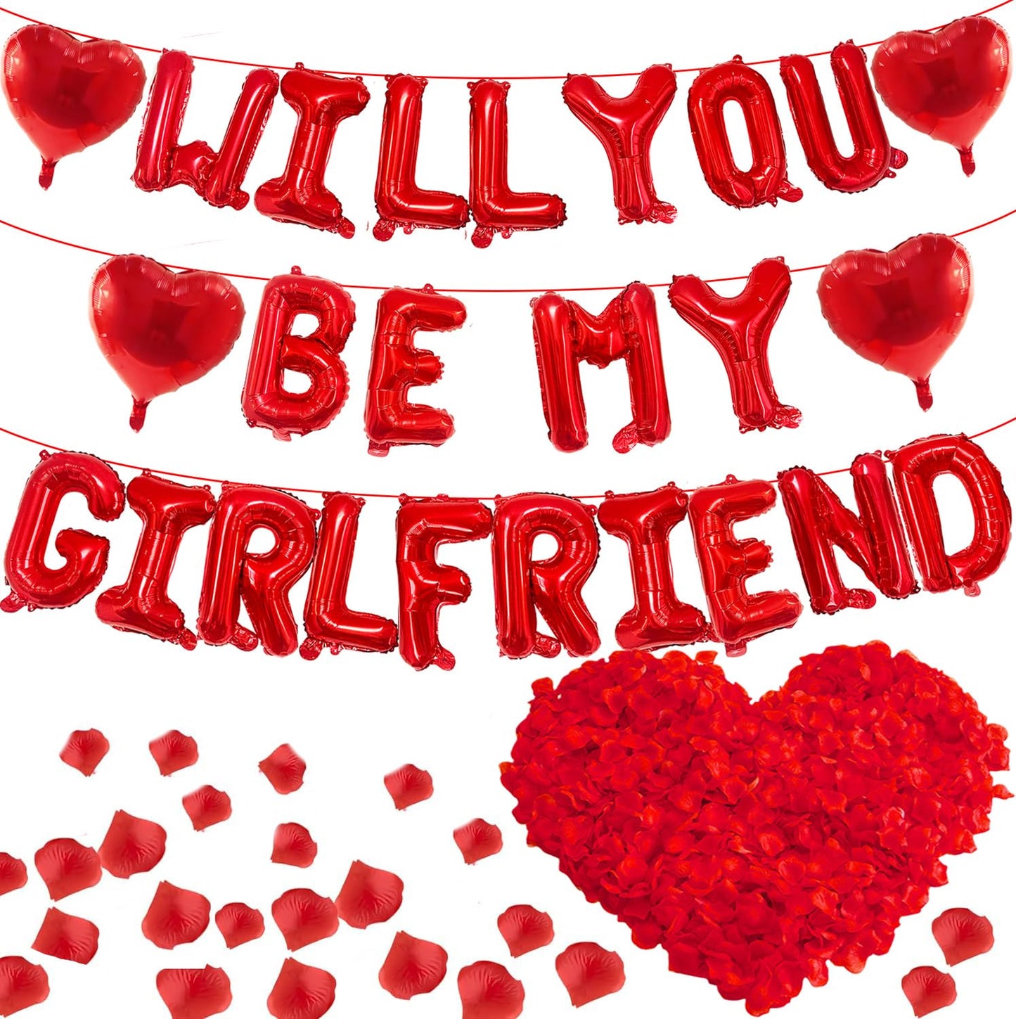 16 Inches Red 'WILL YOU BE MY GIRLFRIEND' Proposal Letter Balloons with Heart-Shaped Foil Balloons and Rose Petals for Romantic Special Night