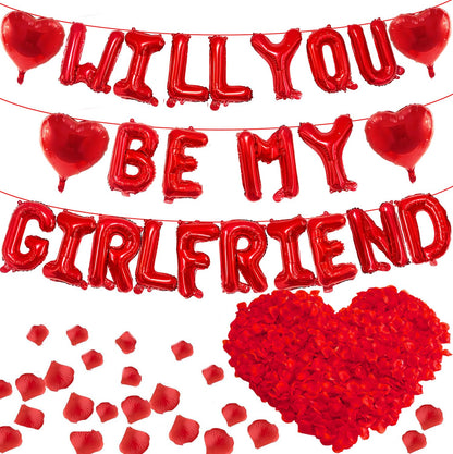 16 Inches Red 'WILL YOU BE MY GIRLFRIEND' Proposal Letter Balloons with Heart-Shaped Foil Balloons and Rose Petals for Romantic Special Night