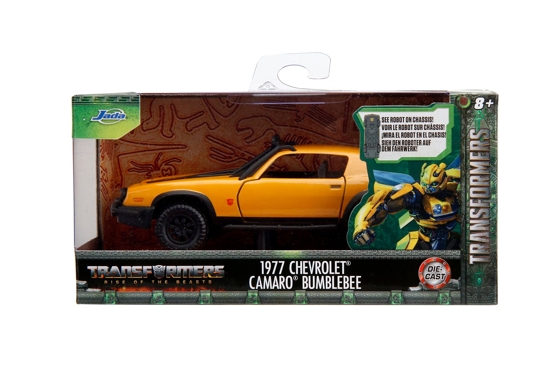 Jada Transformers Rise of The Beast 1:32 1977 Chevy Camaro Bumblebee w/Robot On Chassis Die-Cast Car, Toys for Kids and Adults