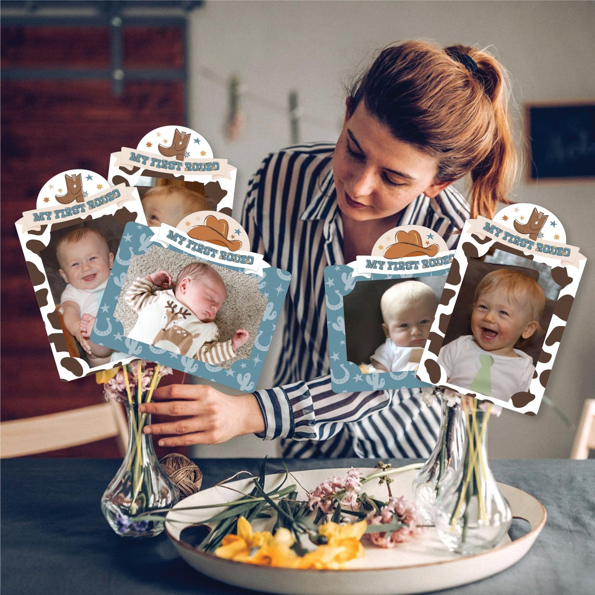Big Dot of Happiness My First Rodeo - Little Cowboy 1st Birthday Party Picture Centerpiece Sticks - Photo Table Toppers - 15 Pieces