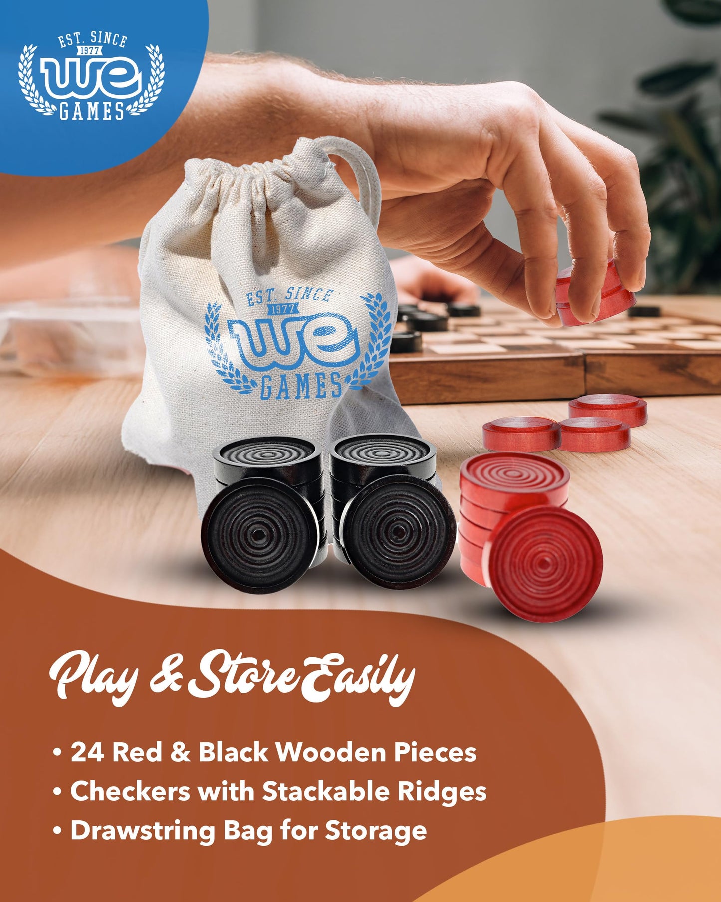 WE Games Wooden Checkers Pieces with Drawstring Storage Bag - 24 Checker Pieces Only - Red & Black, 1.062-inch Diameter