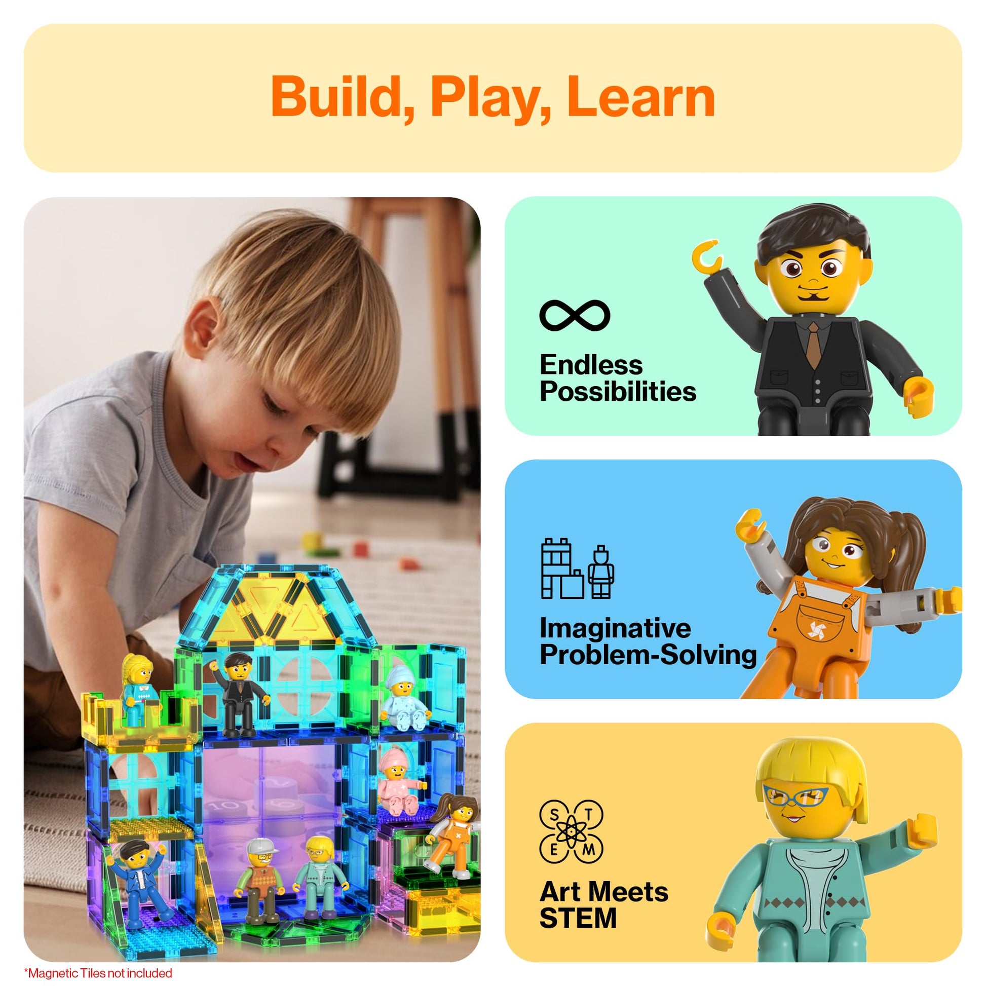 PicassoTiles 8 Piece Magnetic Action Figures Family Character Set Compatible with Magnet Tile Building Blocks STEM Educational Toy for Kids Pretend