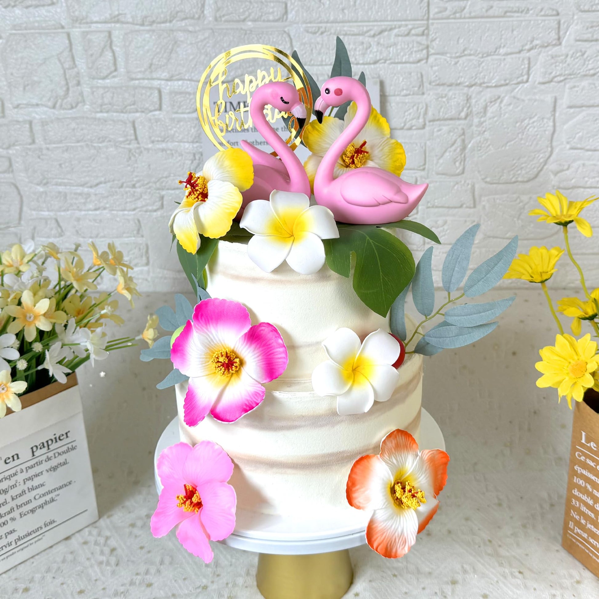 Flamingo Cake Toppers Summer Cake Decorations with Flower Palm Leaf Cake Toppers for Tropical Hawaiian and Beach Theme (Style1)