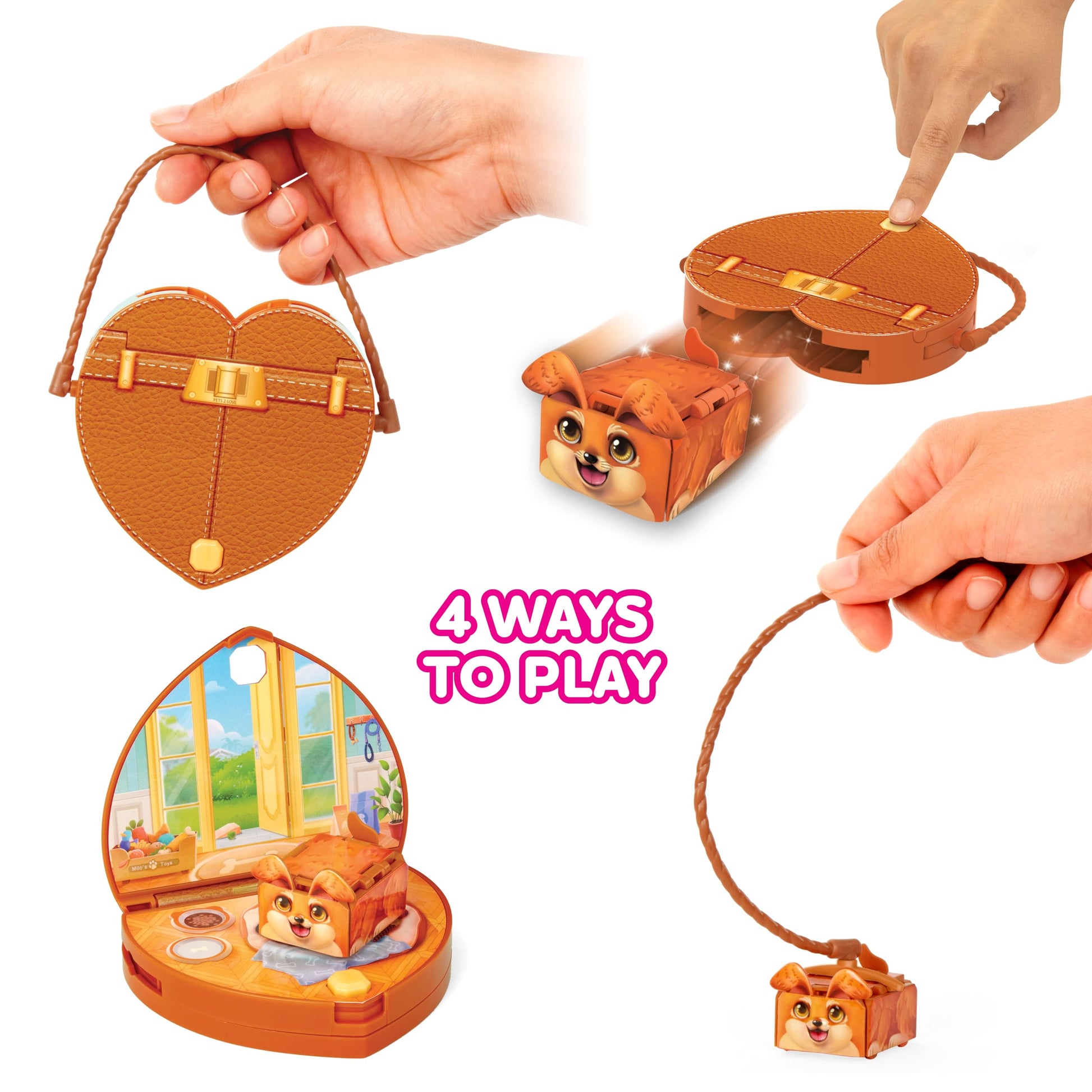 Pets 2 Love Milo the Dog Toy Pet with Heart-Shaped Animal Purse, Includes Miniature Carrier & Leash, Compact and Travel Friendly, 3-in-1 Interactive