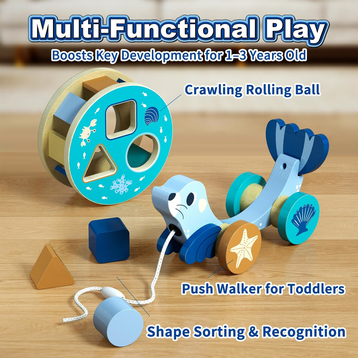 LOVELAND FSC Certified Wooden Pull Toy for Toddlers 1-3, 3-in-1 Seal Shape Sorter & Pull Along Walking Toy Montessori Fine Motor Skills Learning Toy