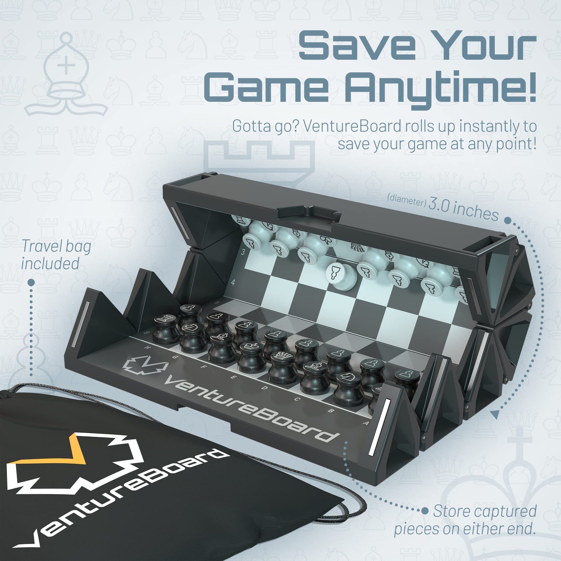 VENTUREBOARD 6 Inches Magnetic Unique Chess Set Board Game - 2 Extra Queens - Folding Board, Portable Travel Chess Board Game Pieces - Black/Grey
