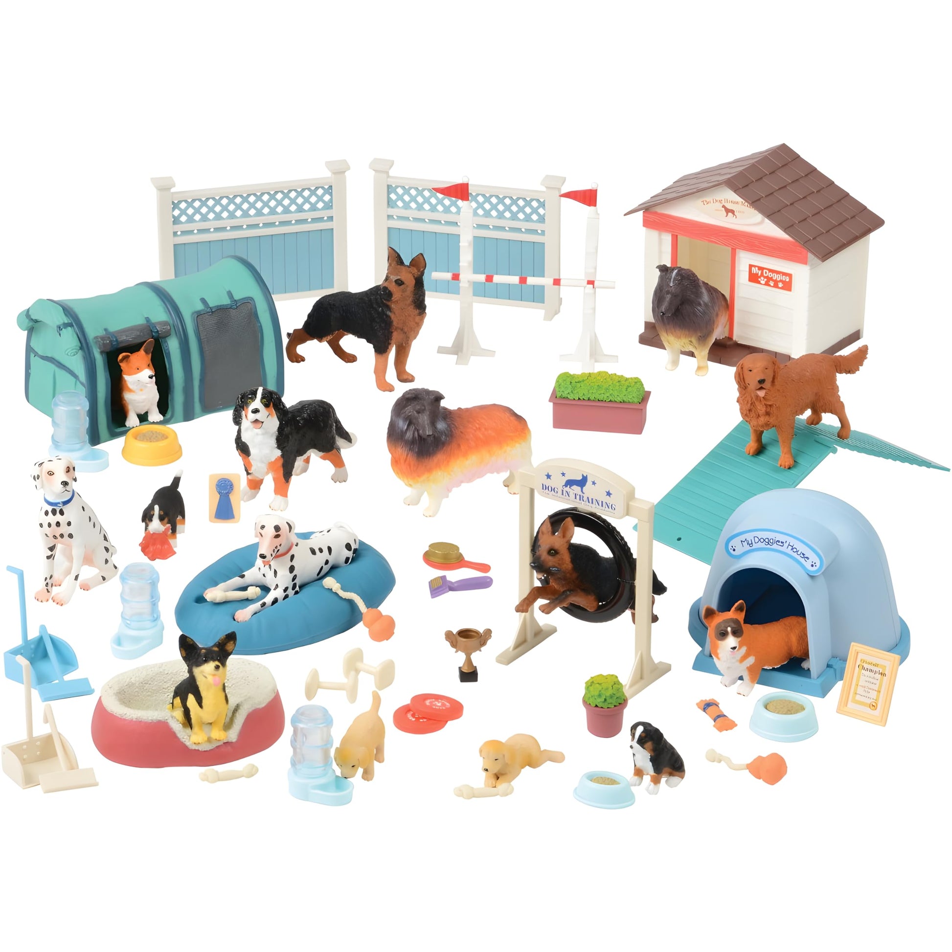 CP Toys Kids 51-Piece Dog Academy Playset with Plastic Toy Dog Figurines, Pretend Play Animal Toys with Dogs, Puppies, and Accessories for Kids Ages
