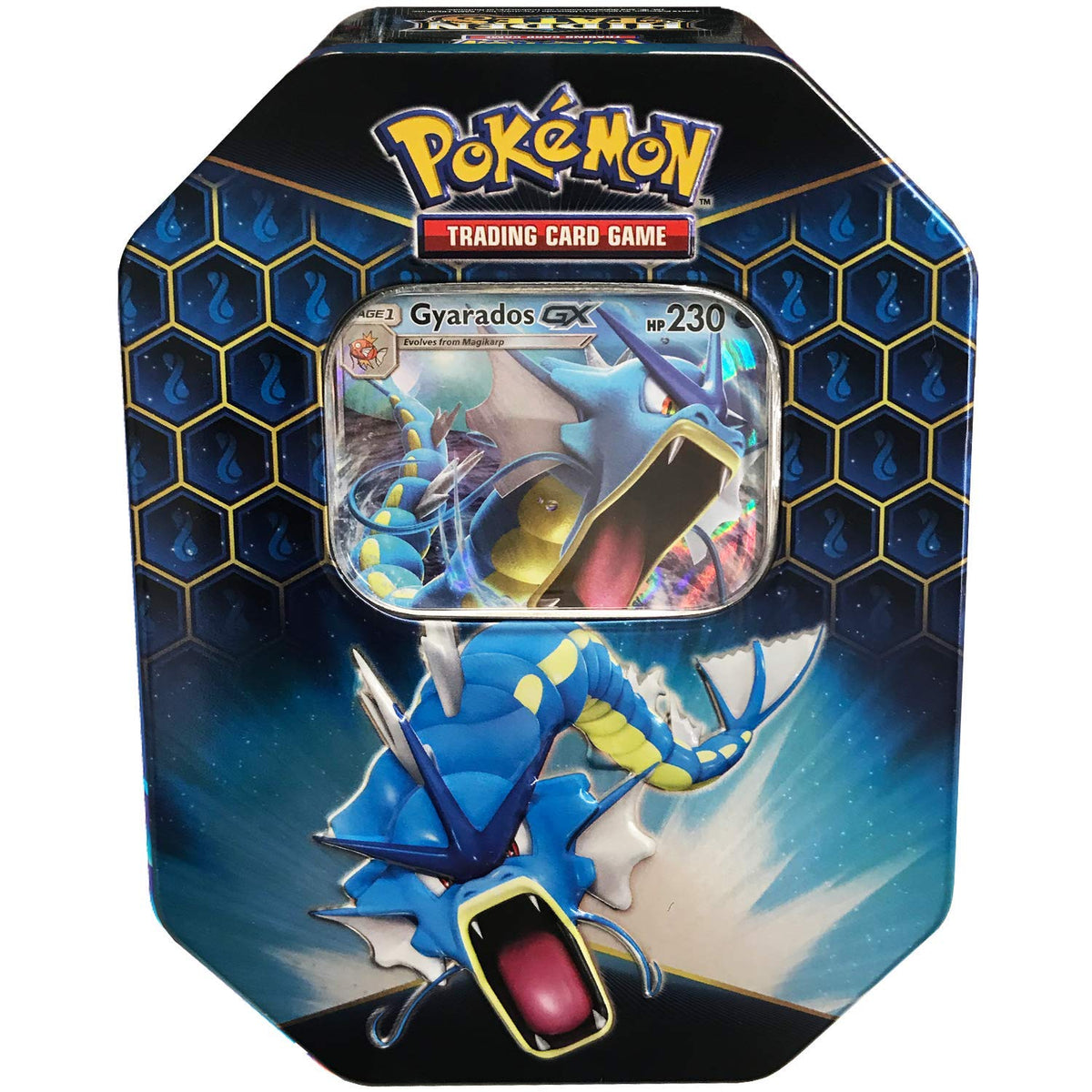 Pokemon SM11.5 Hidden Fates Gx Tin- Gyardos + 1 of 3 Foil Pokémon-GX Cards + 4 Booster Pack, Multicolor