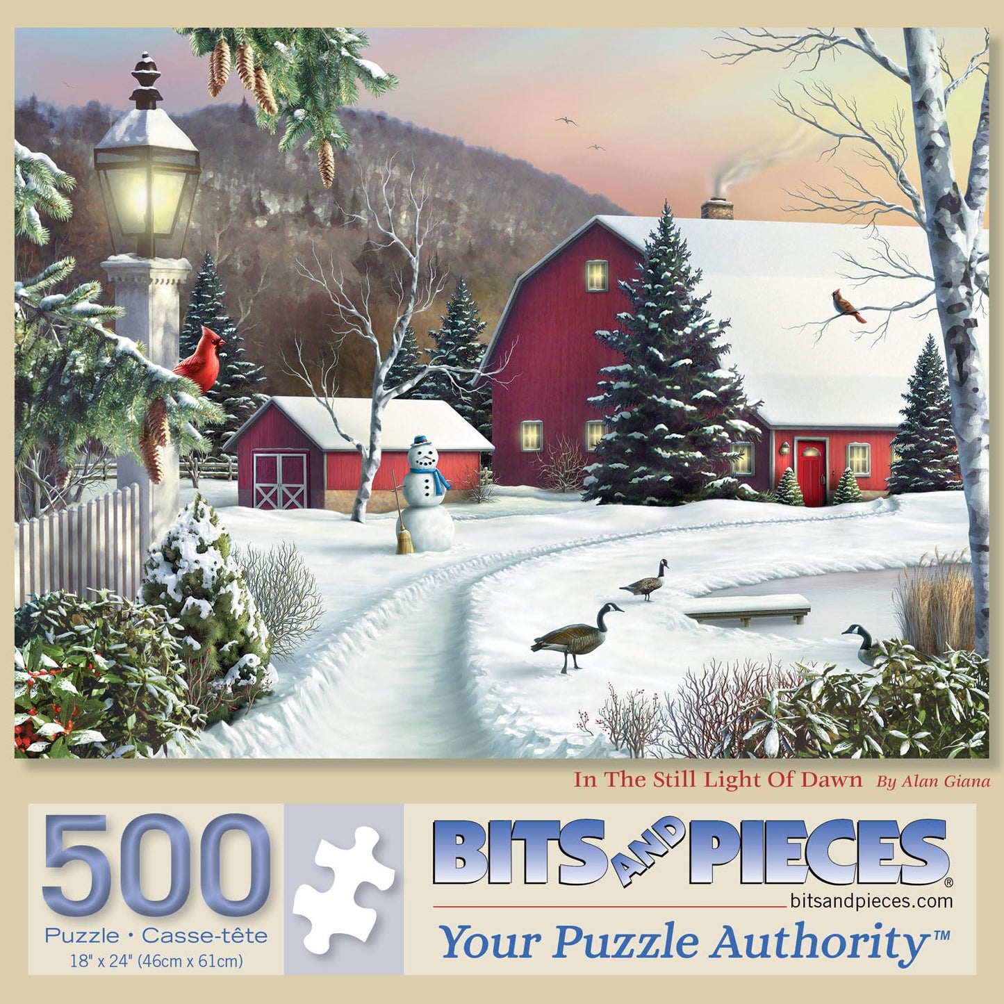 Bits and Pieces - Large 500 Piece Jigsaw Puzzle for Adults - ‘in The Still Light of Dawn’ Winter Jigsaw Puzzle by Artist Alan Giana, Completed Puzzle
