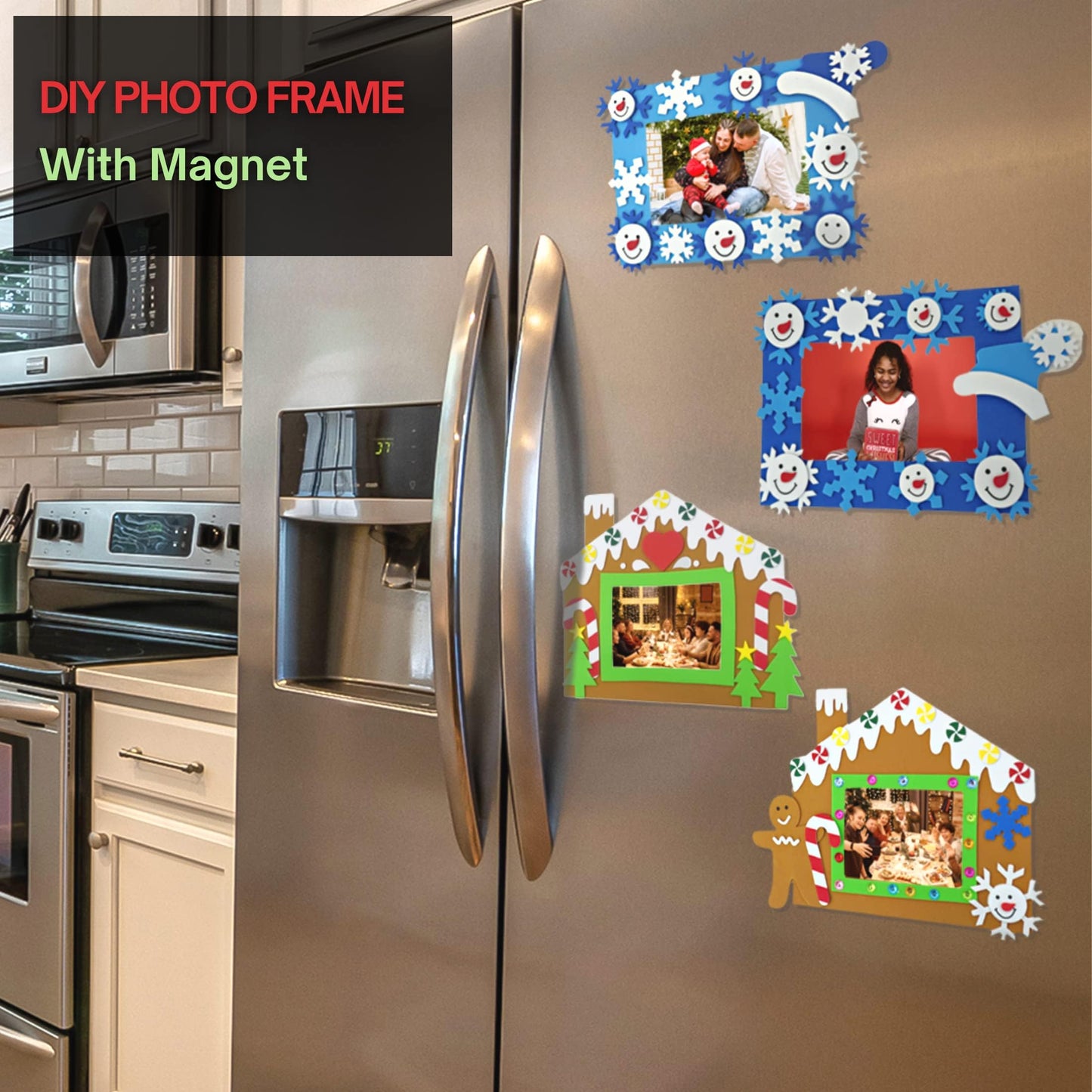 4E's Novelty Foam Gingerbread House Picture Frame Craft (4 Pack) - Self Adhesive Gingerbread House Kit, Christmas Photo Magnet Craft Kits for Kids,DIY