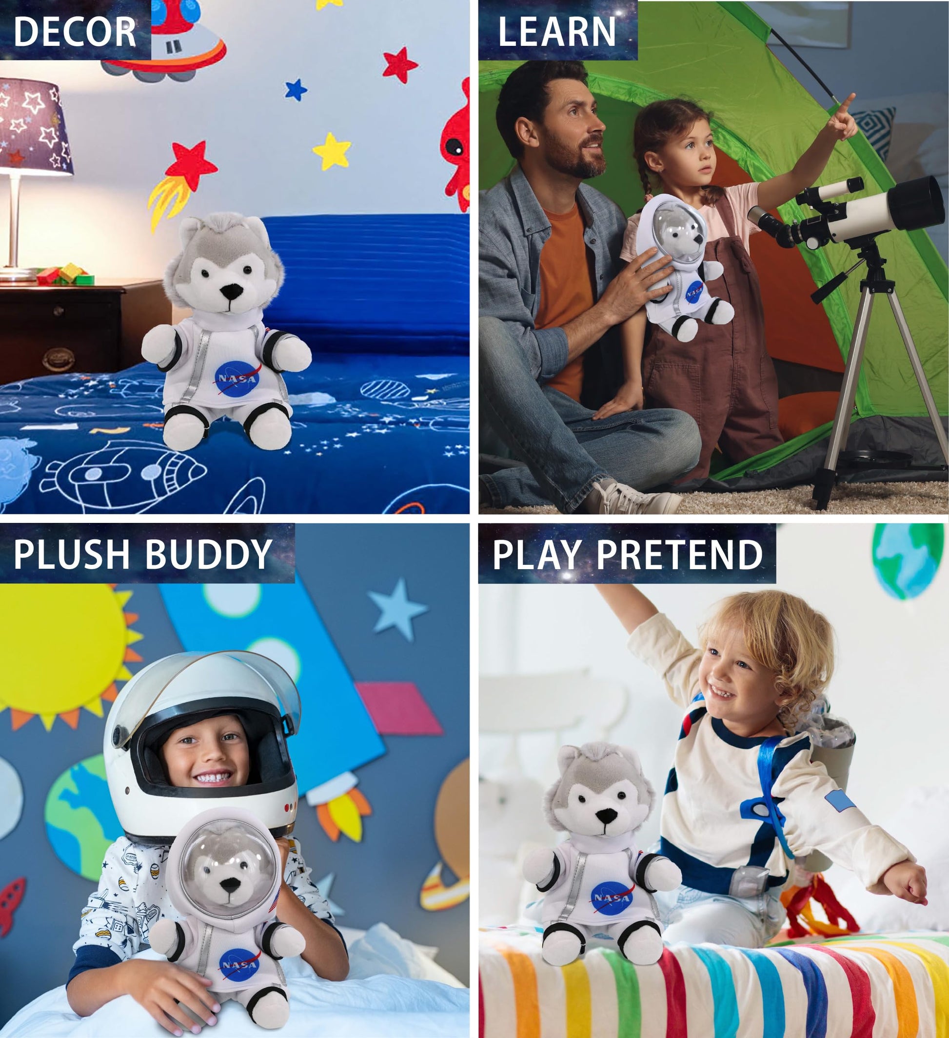DolliBu Grey Wolf Astronaut Plush Toy - Wild Life Astronaut Stuffed Animal with Space Helmet and NASA Astronaut Suit, Spaceman Doll Decor for Girls