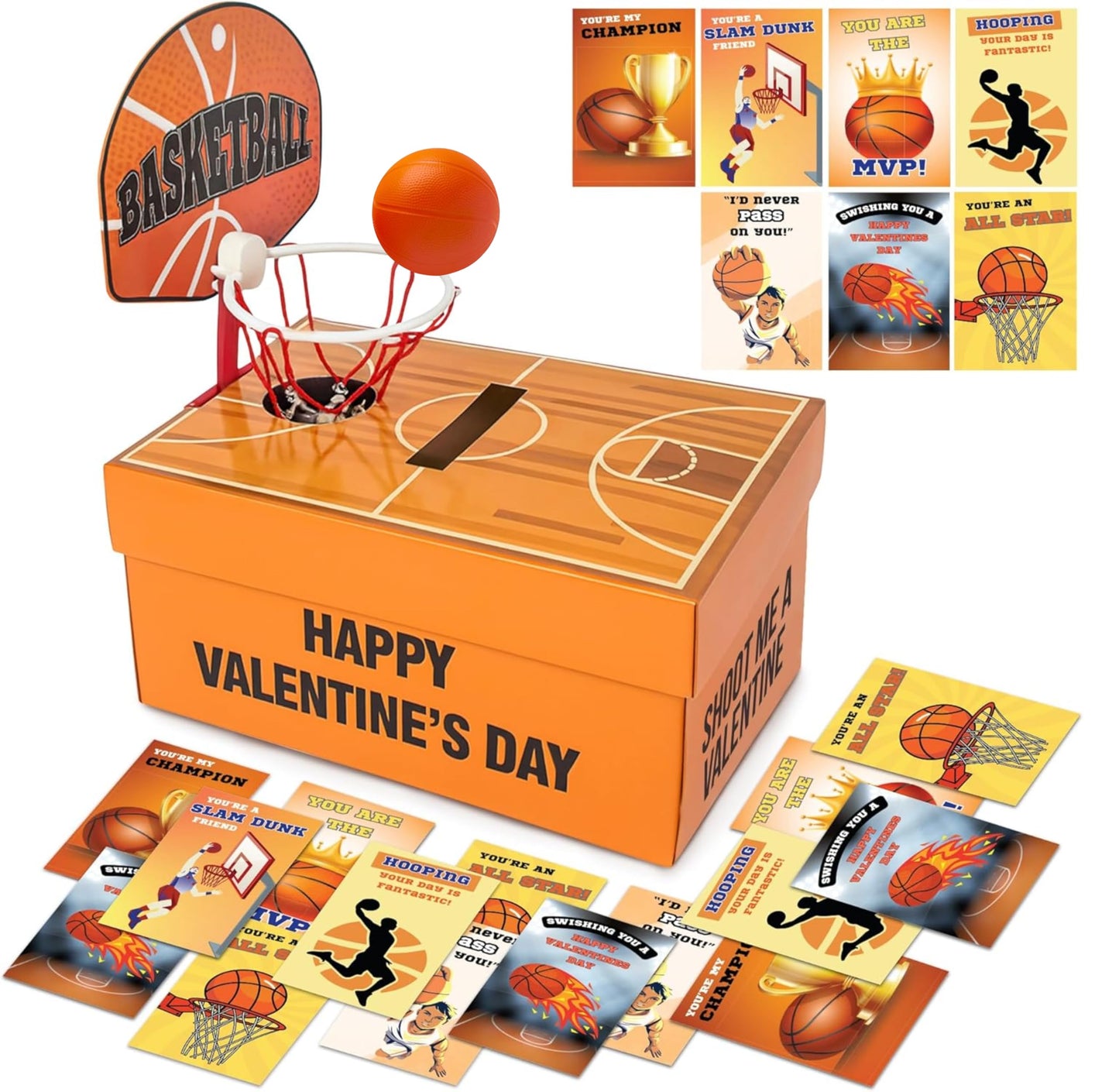 4E's Novelty Basketball Valentine Box with 32 Cards - DIY Basketball Valentines Box Kit, Valentines Card Box for Boys School, Valentines Cards