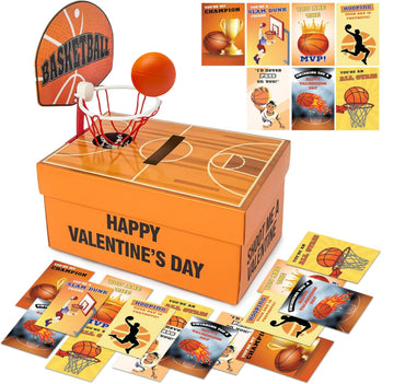 4E's Novelty Basketball Valentine Box with 32 Cards - DIY Basketball Valentines Box Kit, Valentines Card Box for Boys School, Valentines Cards