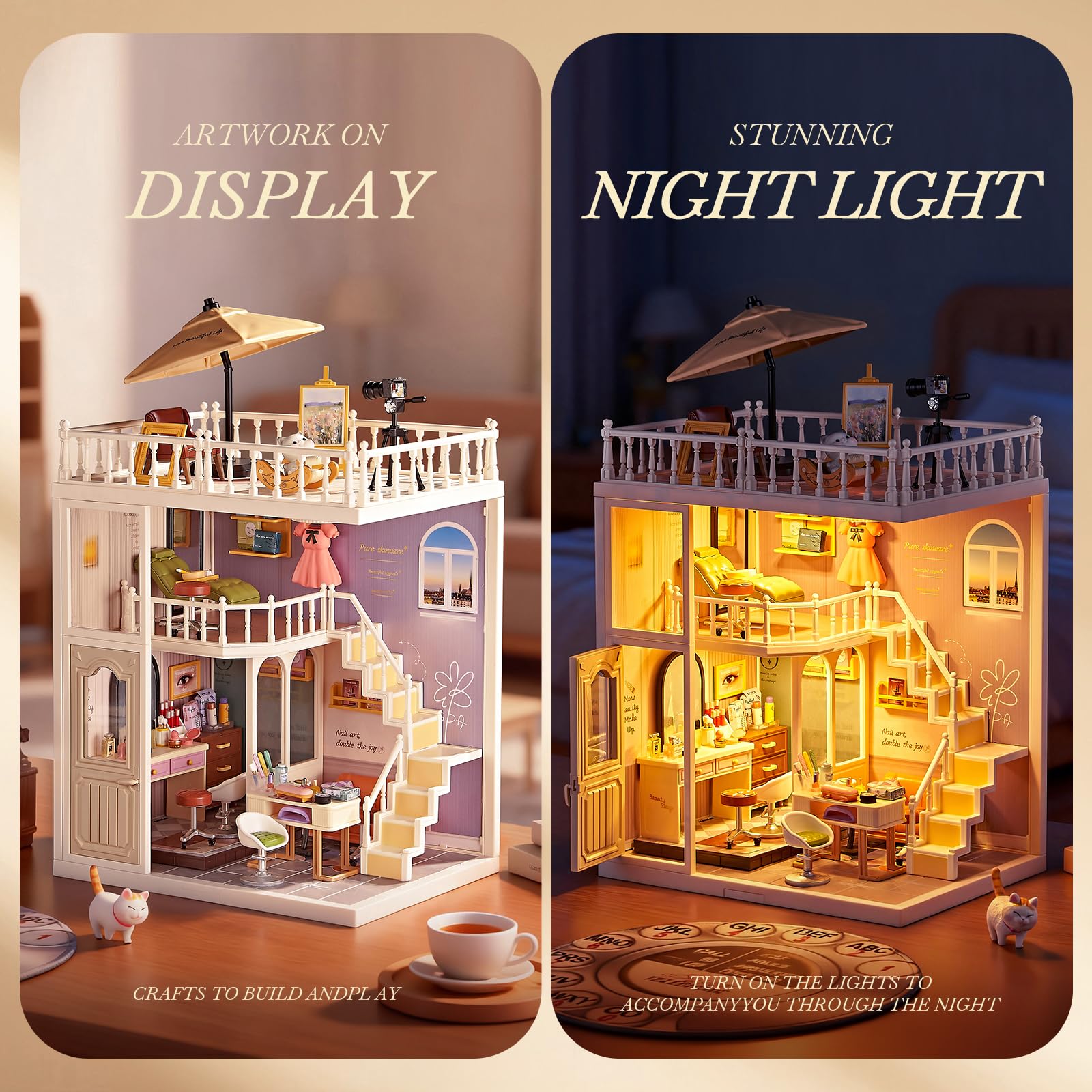 DIY Miniature House Kit Beauty Salon - 203 Piece Tiny House Dollhouse Mini Room with LED Light, Nail Art Studio & Makeup Room, Cozy Creative Craft