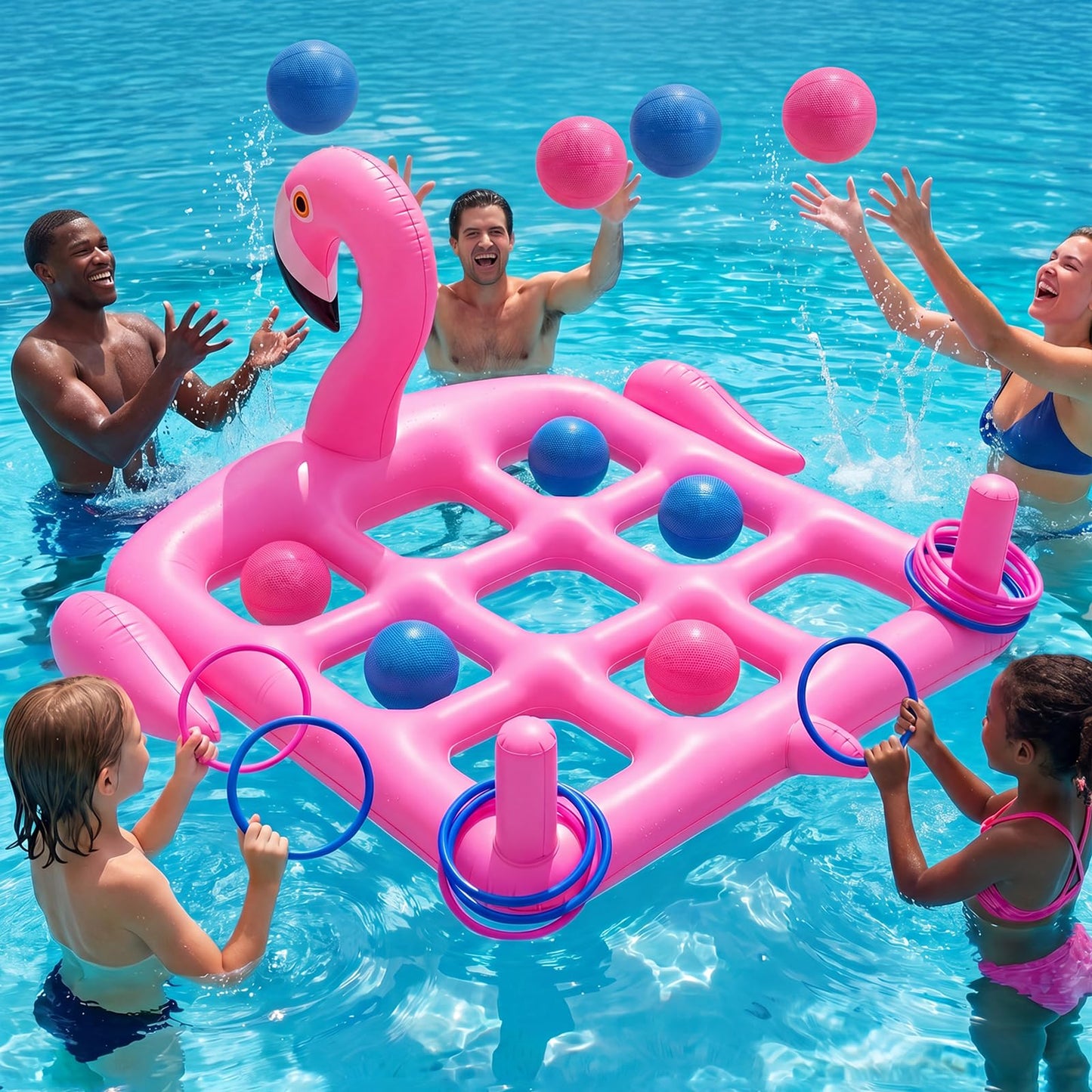Utook Flamingo 2-in-1 Pool Game - Giant Tic Tac Toe Pool Toy -Thickened Leak-Proof PVC, Tic Tac Toe + Ring Toss Outdoor Water Toys for Toddlers Kids