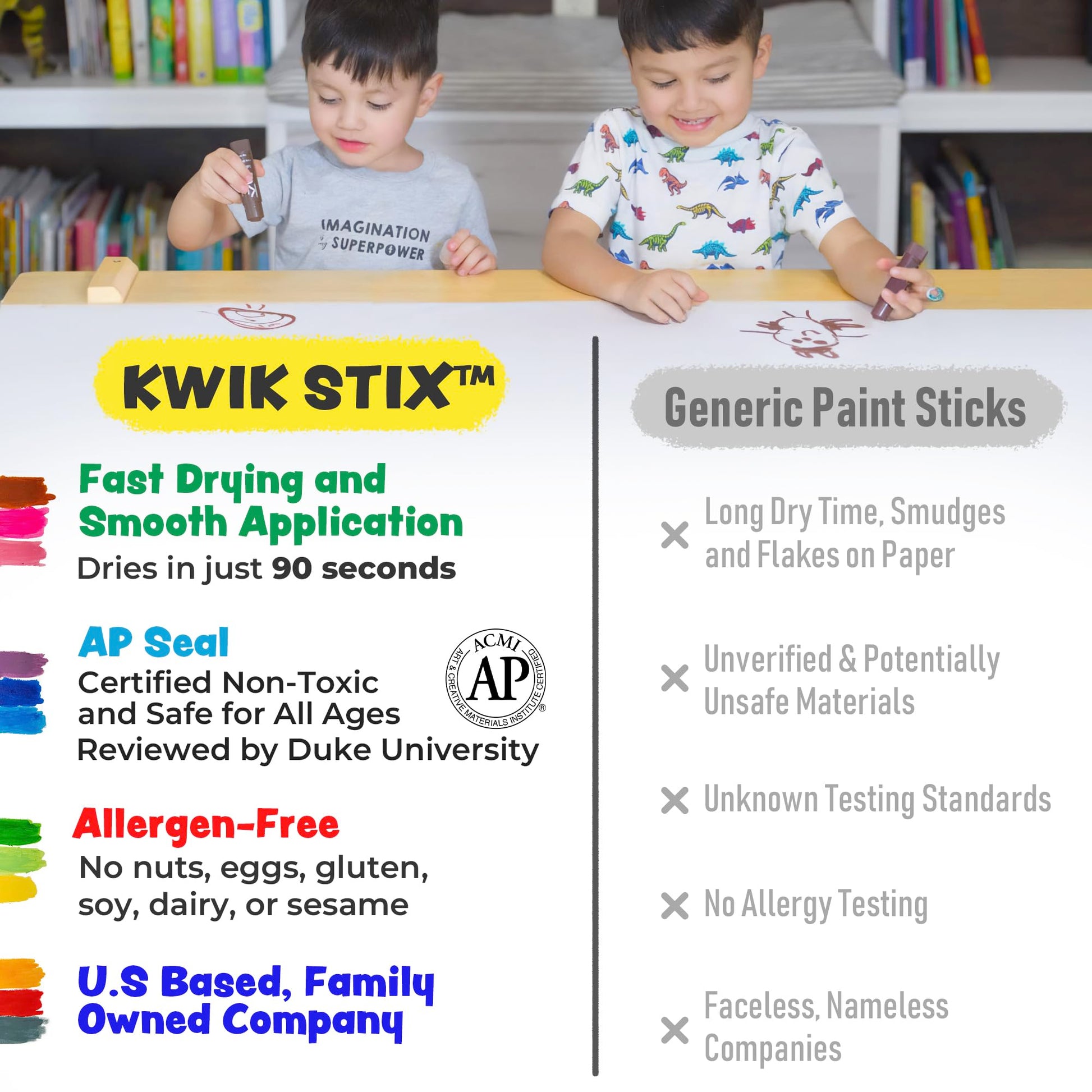 Kwik Stix Solid Tempera Paint Sticks, 24 Colors, Washable Paint Sticks for Kids, Non-Toxic, Quick Drying, Allergen Free, Comes in Classic, Metallic
