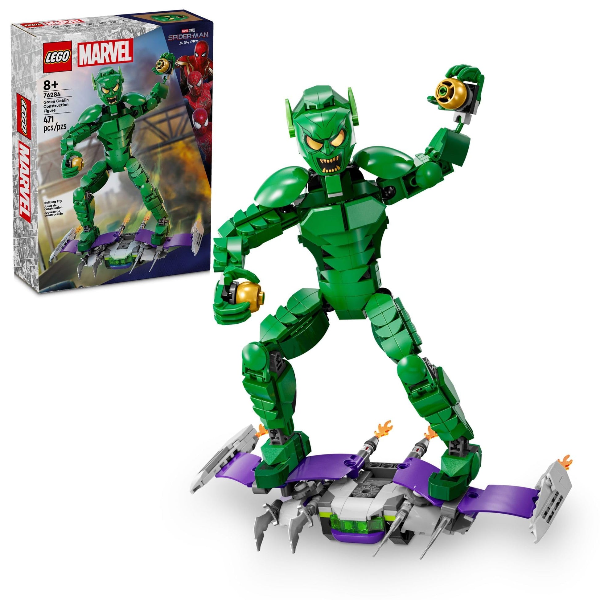 LEGO Marvel Green Goblin Construction Figure - Building Toy for Boys & Girls, Ages 8+ - Marvel Villain Action Figure W/Glider and Pumpkin Bombs - Gift