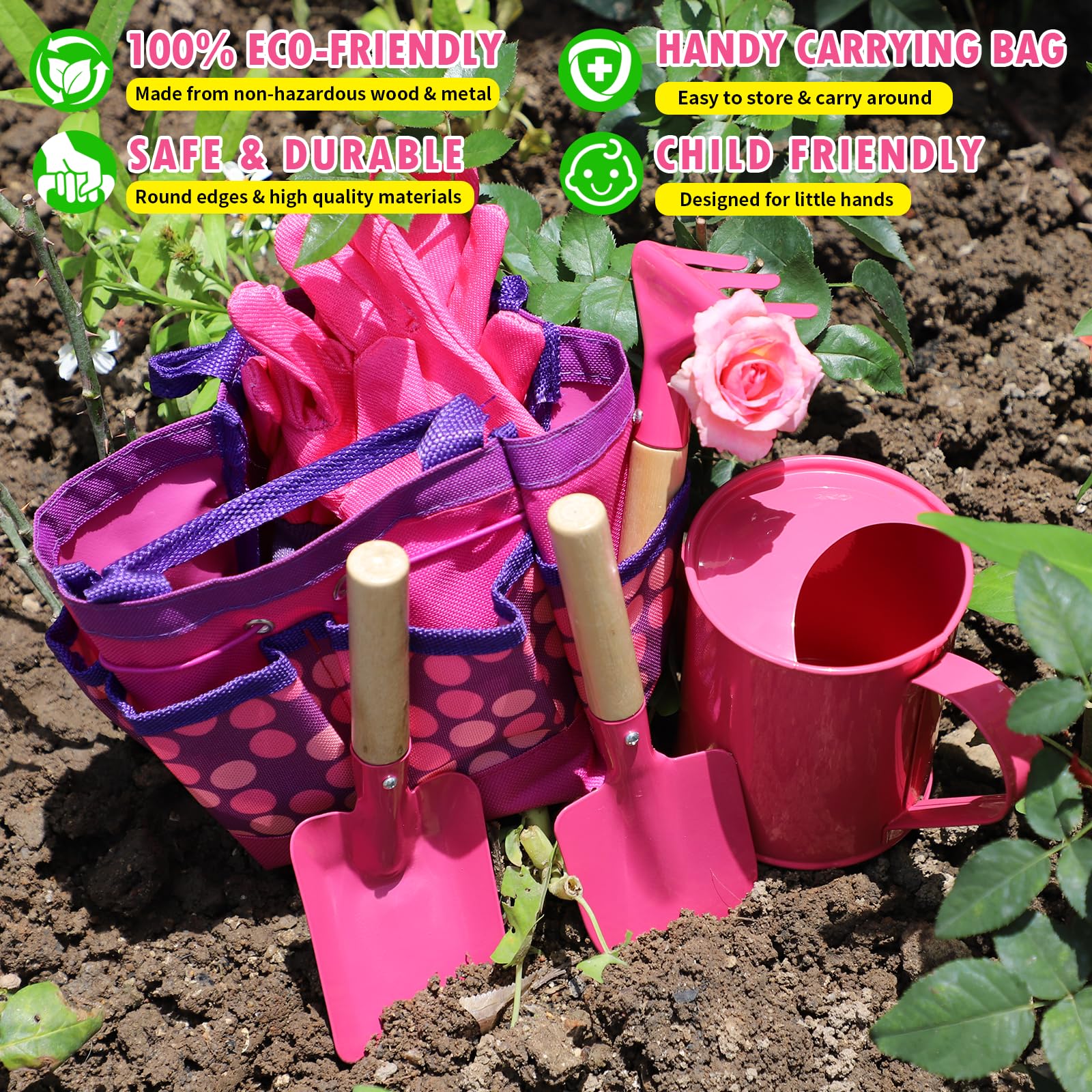 Kids Watering Can Gardening Tools Set Sand Toy Outdoor Toddler Girls (Pink)