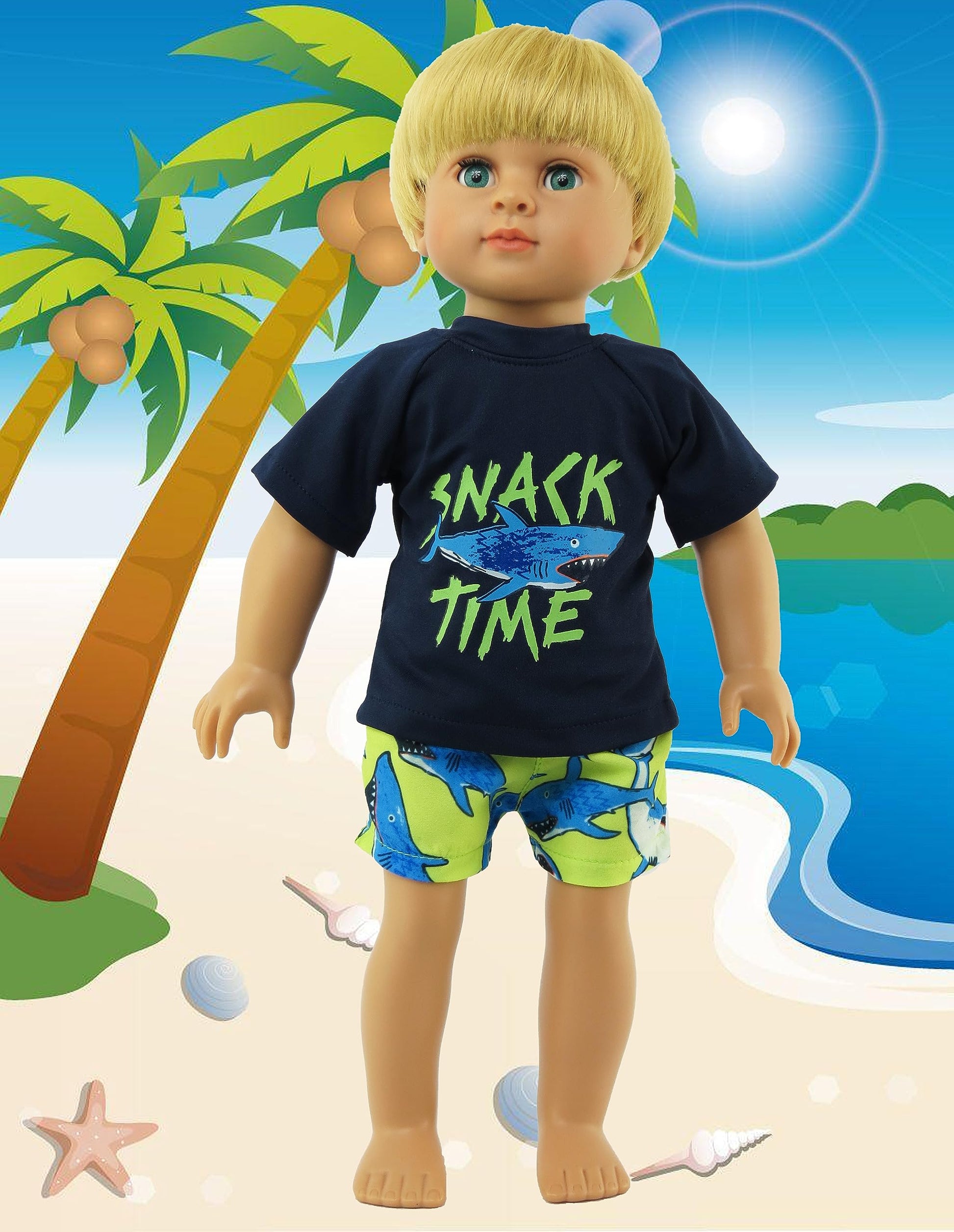 American Fashion World Boy’s Shark Snack Time Rash Guard and Swim Trunk for 18-Inch Dolls | Premium Quality & Trendy Design