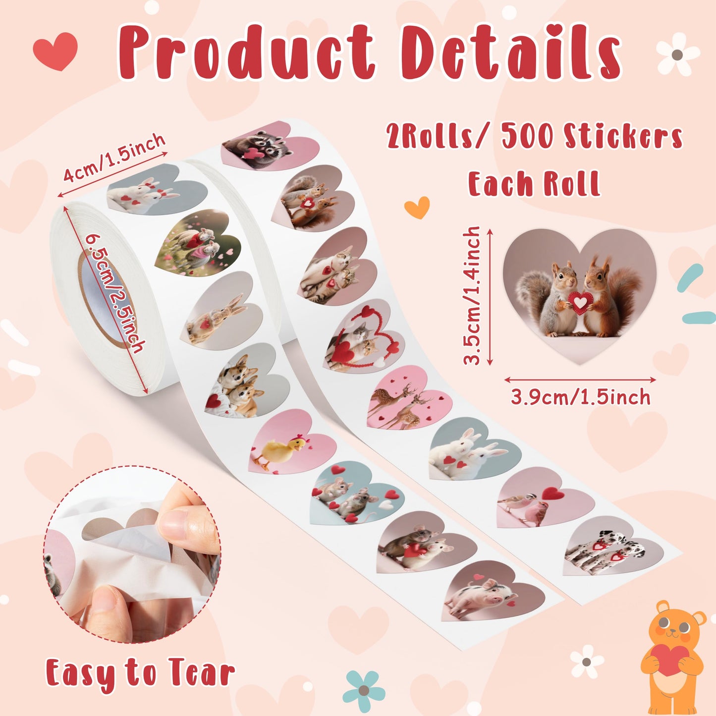 DSjuedui Romantic Realistic Animal Roll Stickers - 1000Pcs Cute Cat Dog Rabbit Sheep Heart Self Adhesive Stickers for Kids, Heart Shape Animal Vinyl