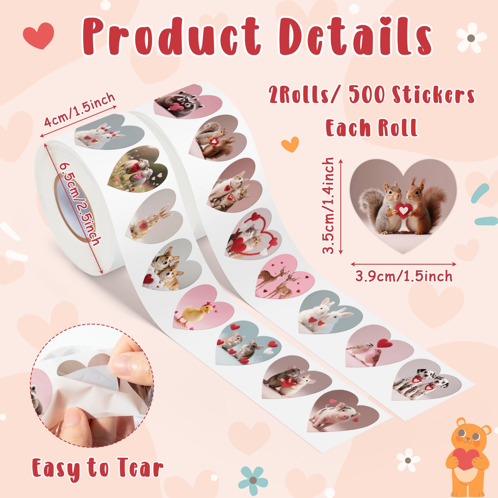 DSjuedui Romantic Realistic Animal Roll Stickers - 1000Pcs Cute Cat Dog Rabbit Sheep Heart Self Adhesive Stickers for Kids, Heart Shape Animal Vinyl