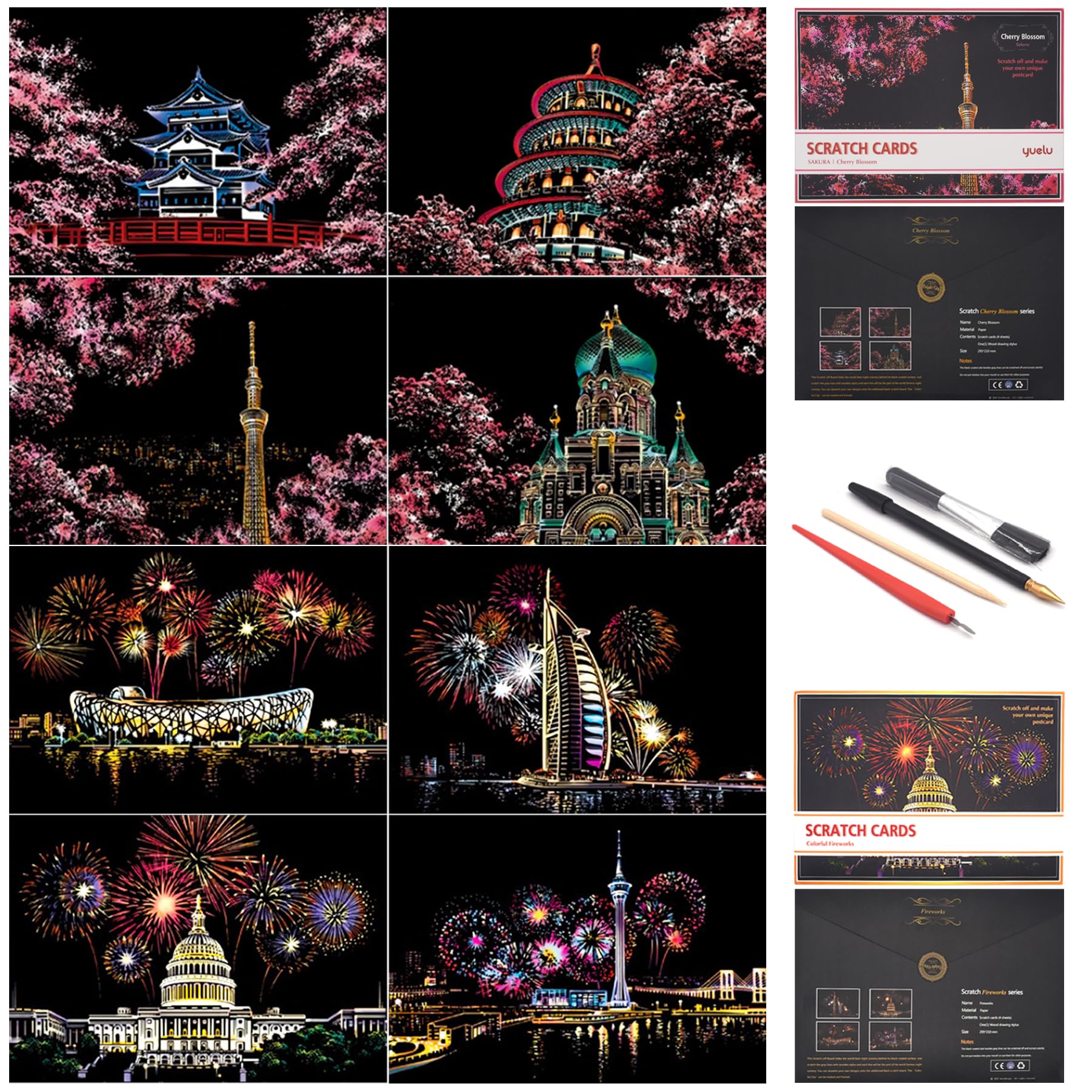 Scratch Art for Adults and Kids-City Landmarks Scratch Painting Craft Kit (8 Sheets A4)|DIY Foil Engraving Art Set|Stress Relief Gift for Travel