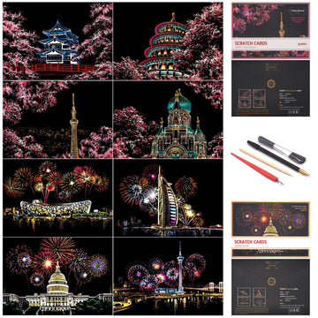 Scratch Art for Adults and Kids-City Landmarks Scratch Painting Craft Kit (8 Sheets A4)|DIY Foil Engraving Art Set|Stress Relief Gift for Travel