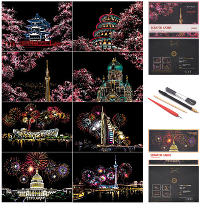 Scratch Art for Adults and Kids-City Landmarks Scratch Painting Craft Kit (8 Sheets A4)|DIY Foil Engraving Art Set|Stress Relief Gift for Travel