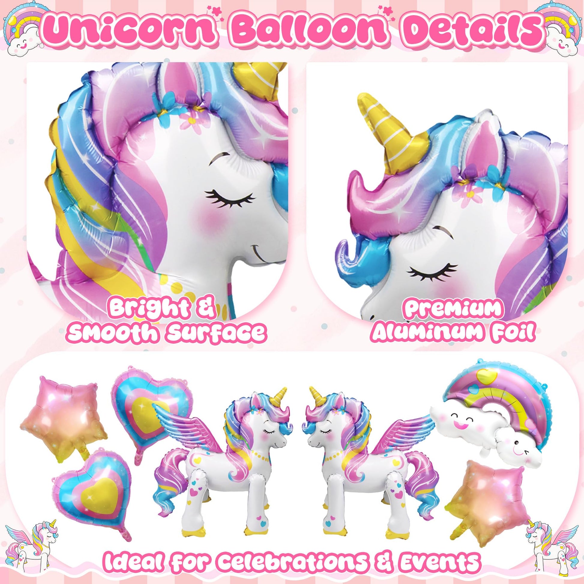 7Pcs Unicorn Balloons Unicorn Birthday Party Decorations 26Inch Self Standing Unicorn Balloons for Girls Birthday 3D Rainbow Star Heart Foil Balloons