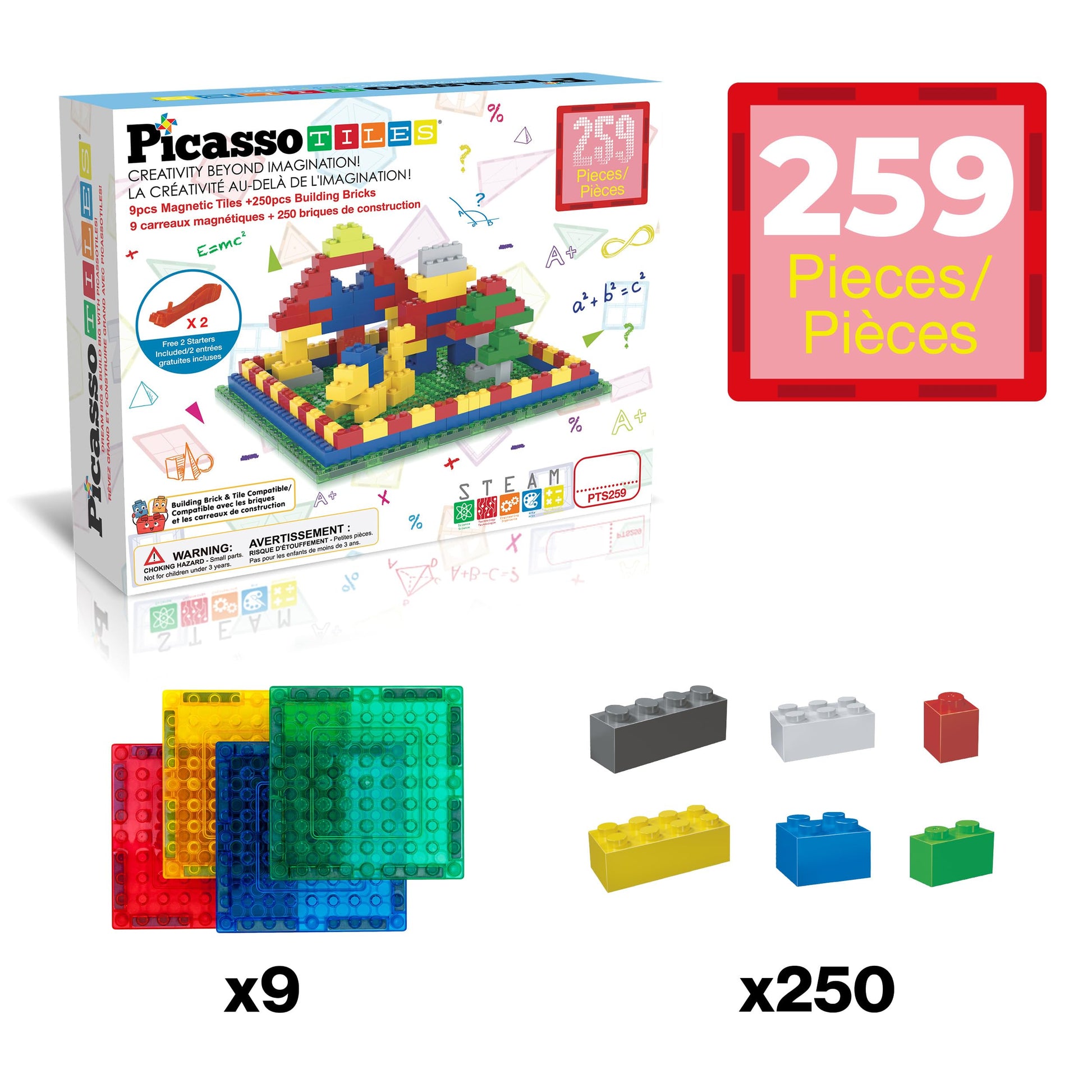 PicassoTiles Magnetc Brick Tile 259pcs Building Block Combo Set Compatible with Major Brick Systems Over 50+ Builds STEM Educational Construction Toy