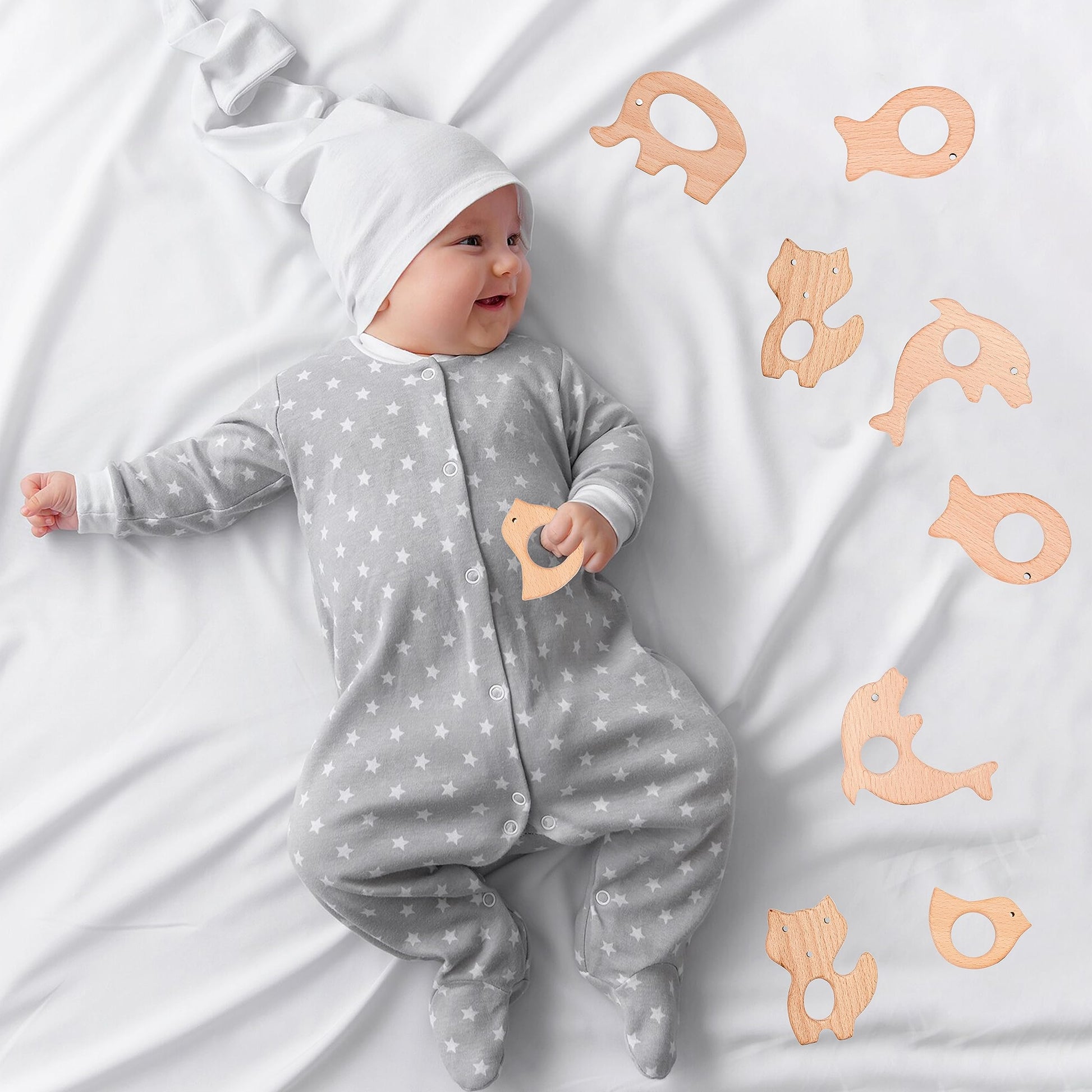 IoF 12 Pcs Teething Toys for Babies, Natural Wooden Teething Rings Baby Teether Chew Toys for Infant Toddler Teethers Crackers Animal Set Pain Relief
