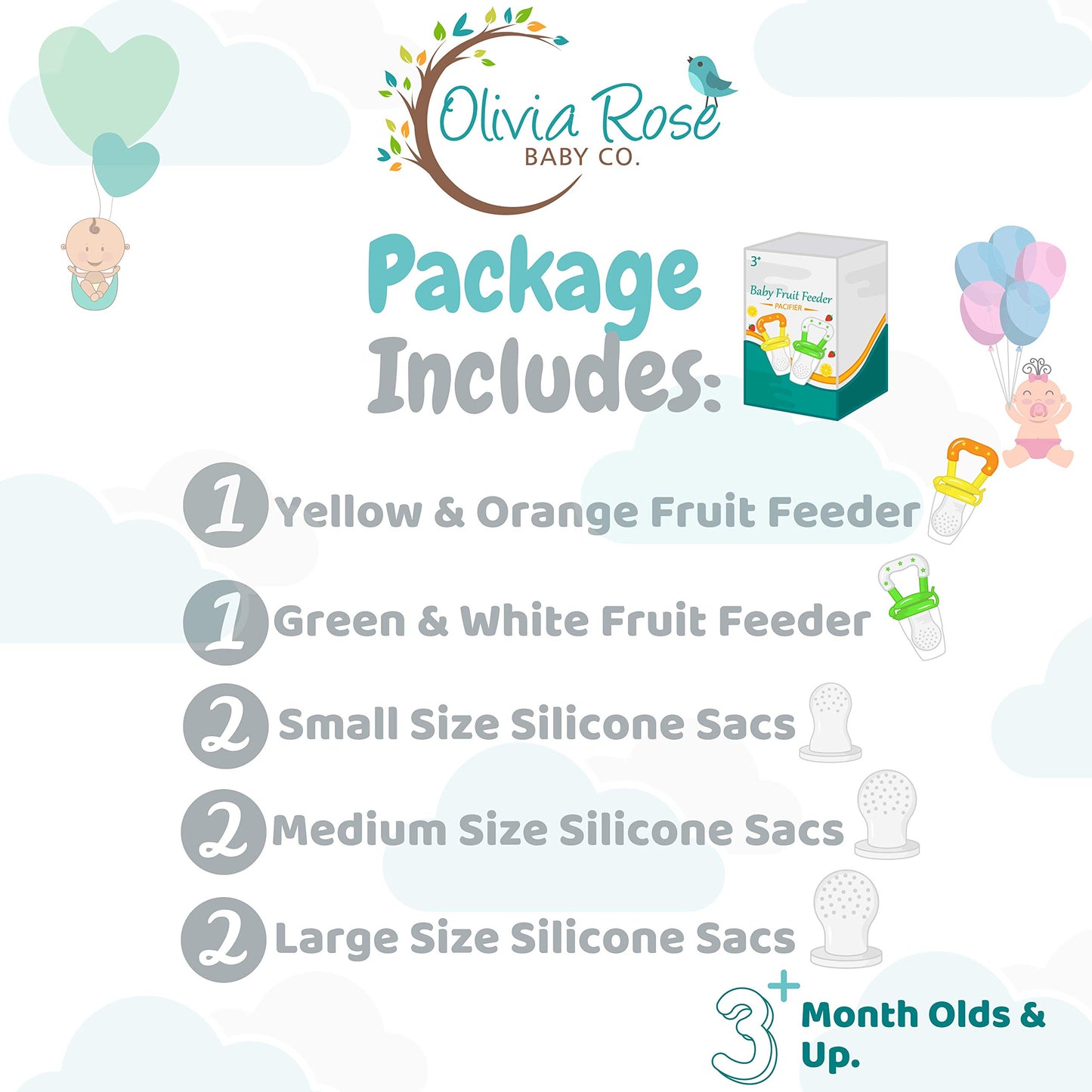 Baby Fruit Feeder Pacifier (2 Pack), Fresh Food Feeding Teether for Toddler, BPA Free, Soothing Gum Relief, Infant Silicone Teething Toy, Includes All