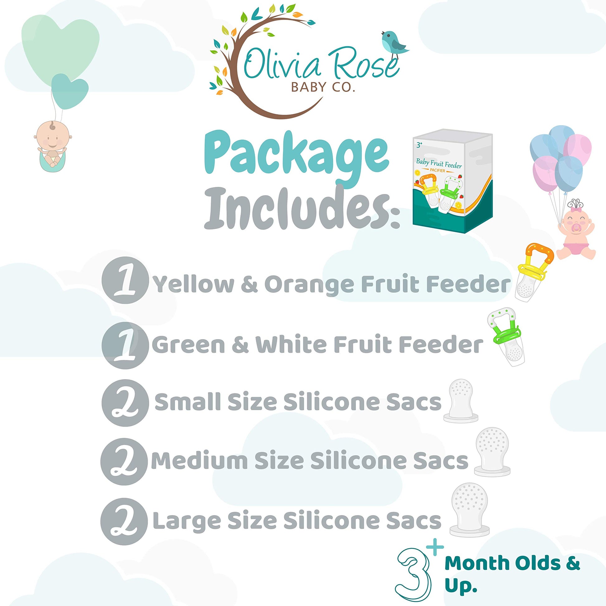 Baby Fruit Feeder Pacifier (2 Pack), Fresh Food Feeding Teether for Toddler, BPA Free, Soothing Gum Relief, Infant Silicone Teething Toy, Includes All