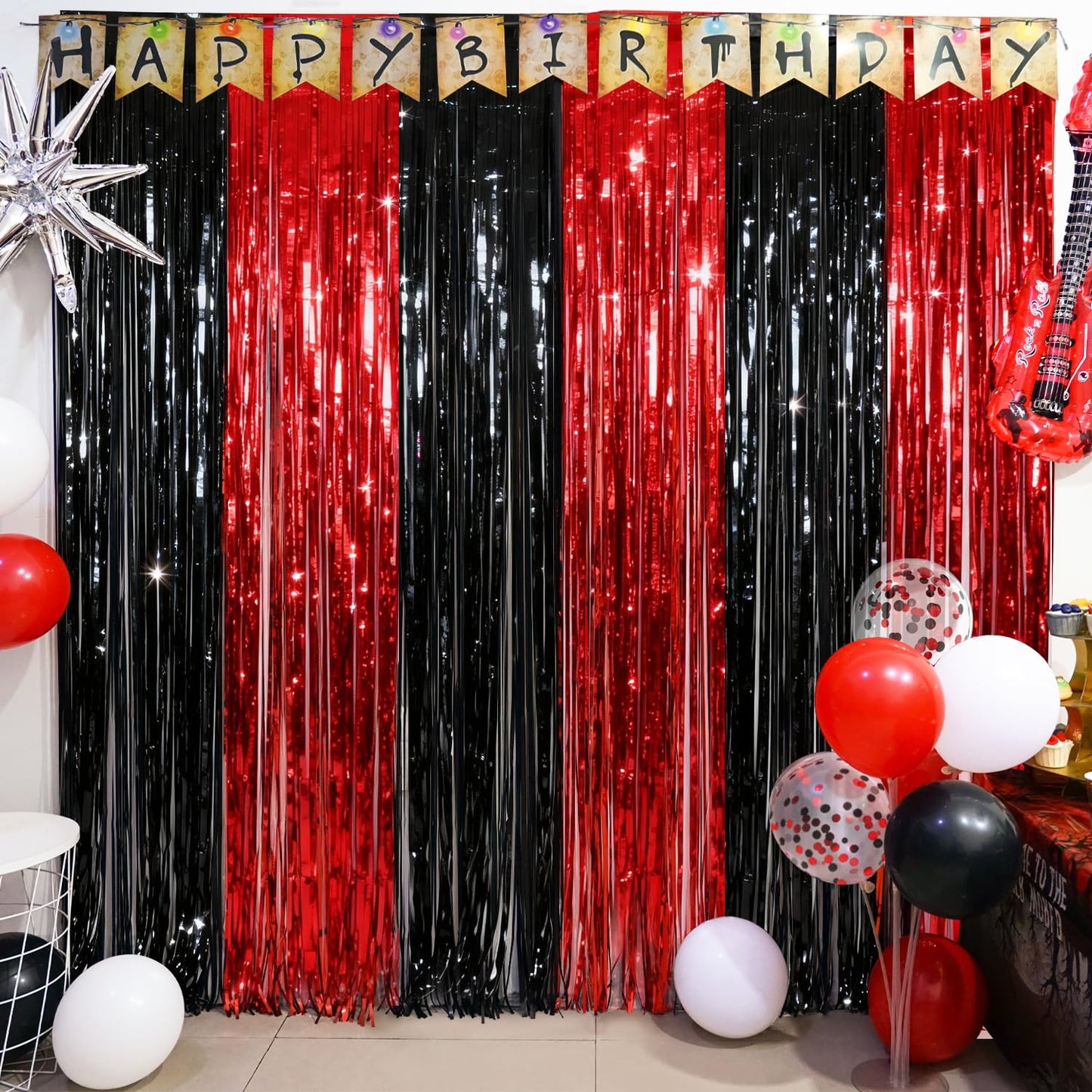 Black Red Party Streamers Backdrop, 2 Pack Black Red Fringe Curtains Tinsel Photo Streamers for Stranger/Friday Party/Halloween Party Decorations