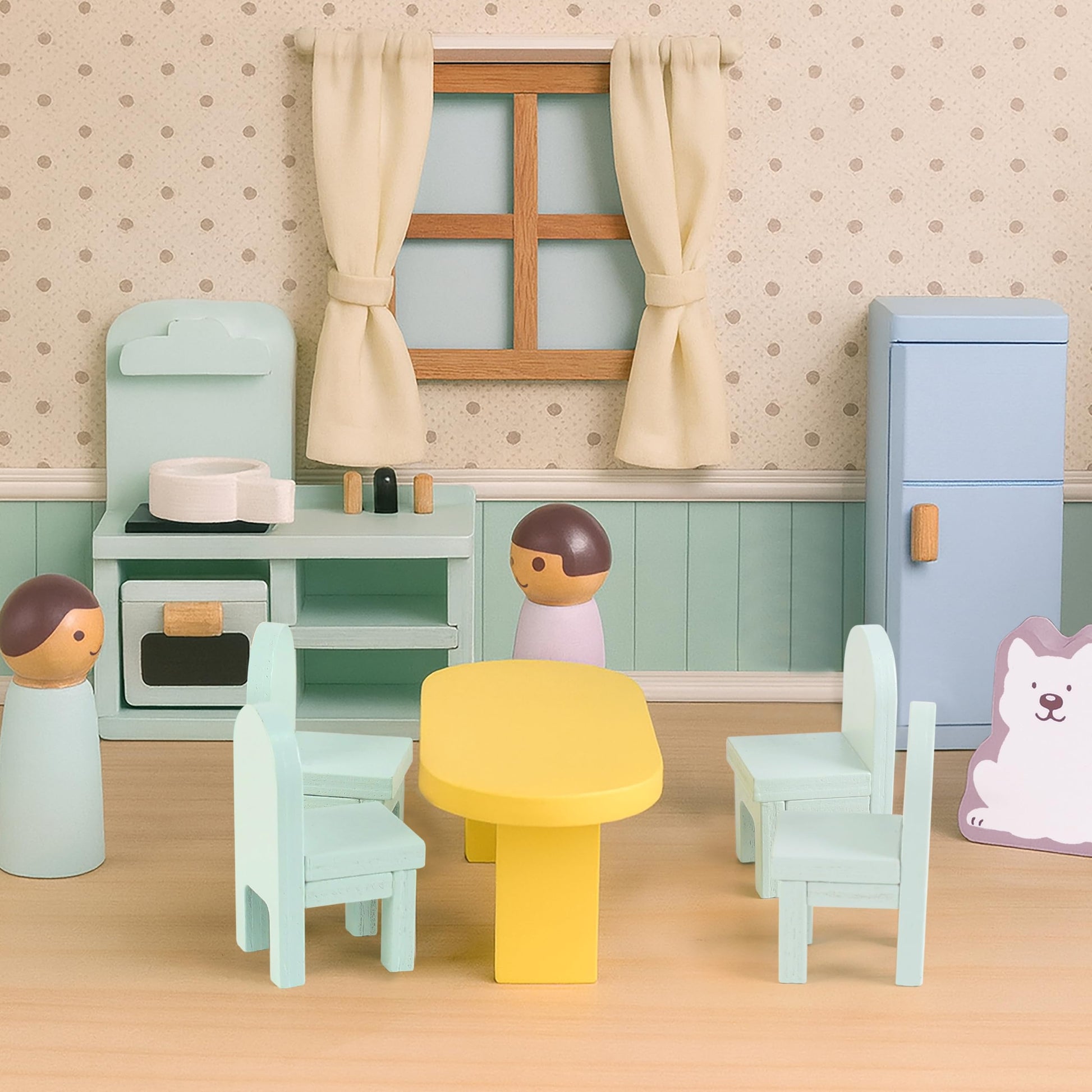 Pillowhale Wooden Dollhouse Furniture Set,36-Piece Dollhouse Furniture & Accessories for 6 Rooms,Interactive Pretend Play Furniture Toys, Gift