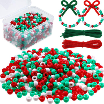 800 Pieces Christmas Pony Beads Plastic Pony Beads and 50 Pieces Christmas Pipe Cleaners Chenille Stems for Xmas Decorations DIY Crafts Jewelry Making