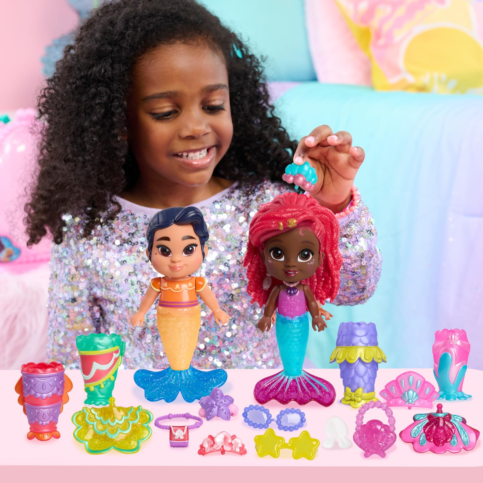 Disney Junior Ariel Pop Tails Deluxe 7.5-inch Doll and Accessories Set, 19-pieces, Kids Toys for Ages 3 Up by Just Play