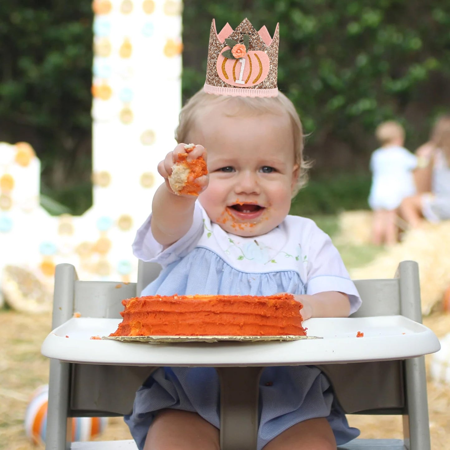 Agvgaza Pumpkin First Birthday Crown - Floral Pumpkin Theme One Birthday Hat, Golden Glitter Hat for Halloween Harvest Photo Prop